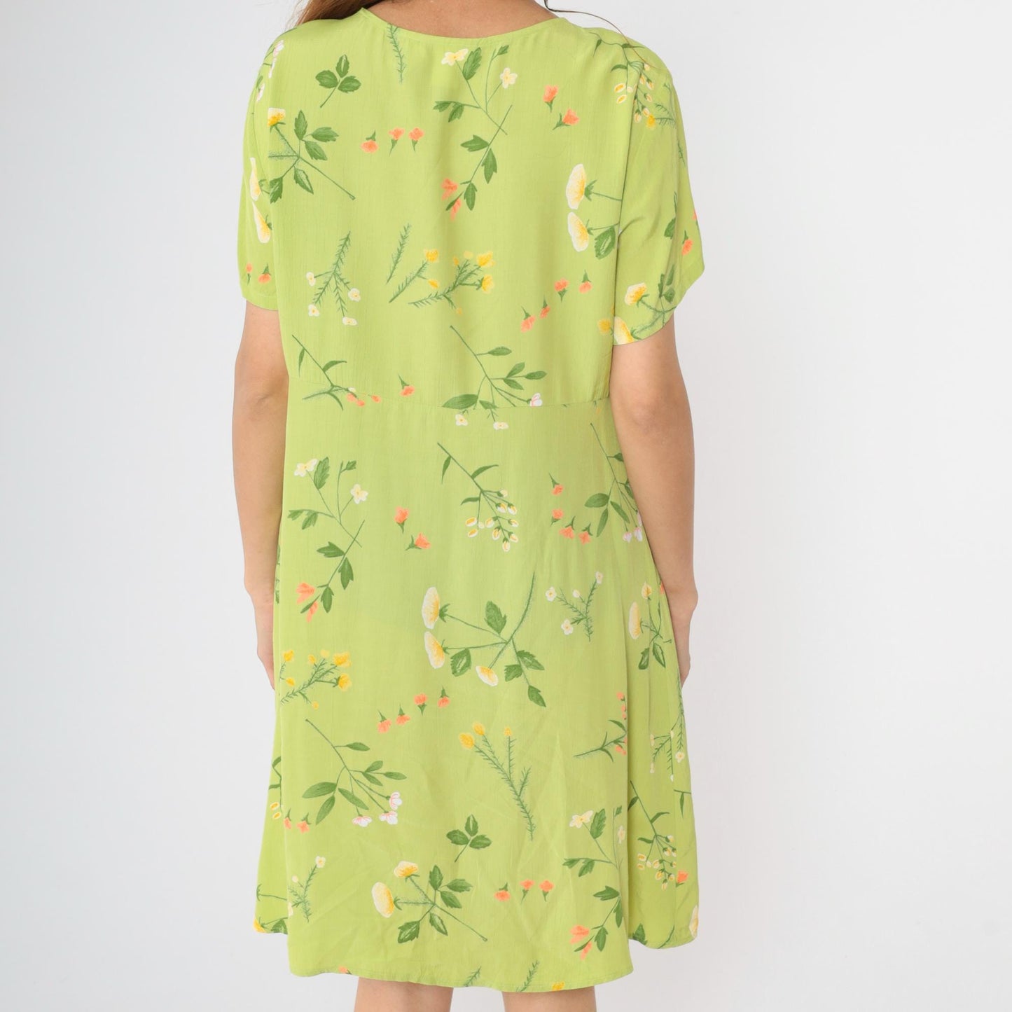 90s Lime Green Floral Rayon Dress High Waist Button Front Knee Length Large