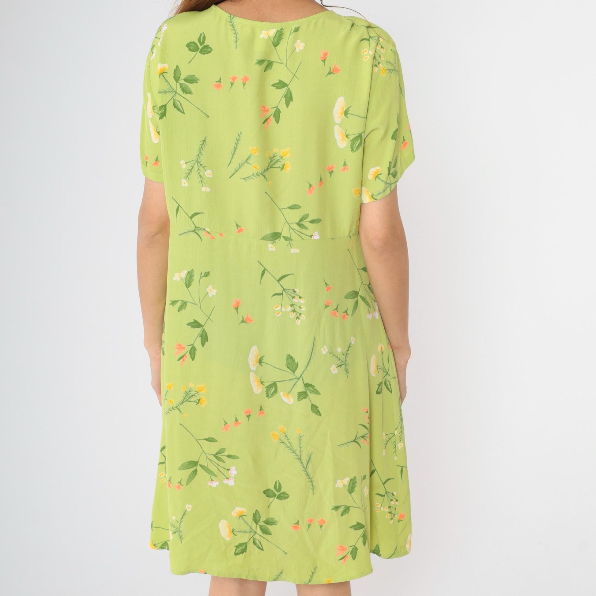 90s Lime Green Floral Rayon Dress High Waist Button Front Knee Length Large