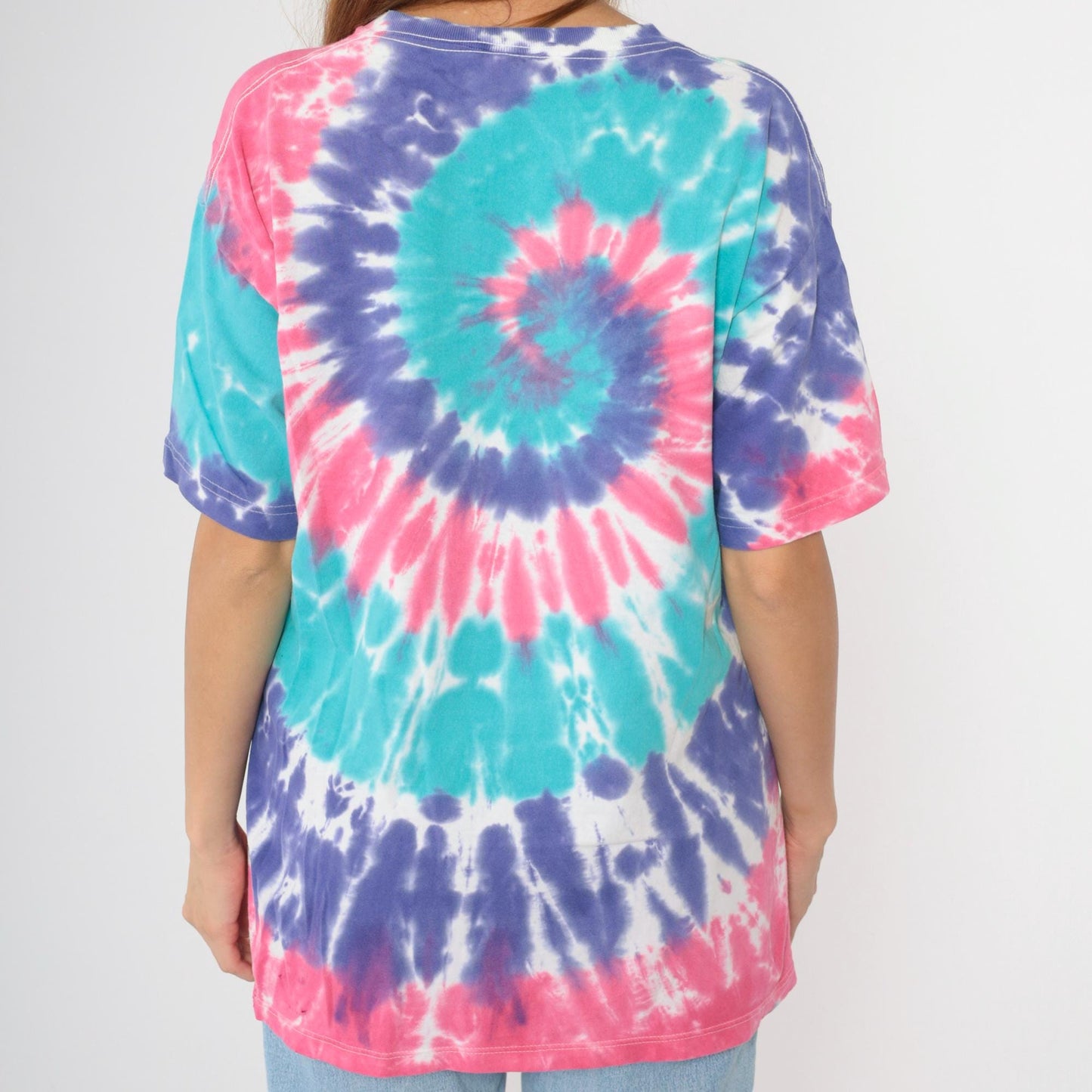 90s Tie Dye Swirl T-Shirt Pink Purple Turquoise Distressed Cotton Crewneck Large