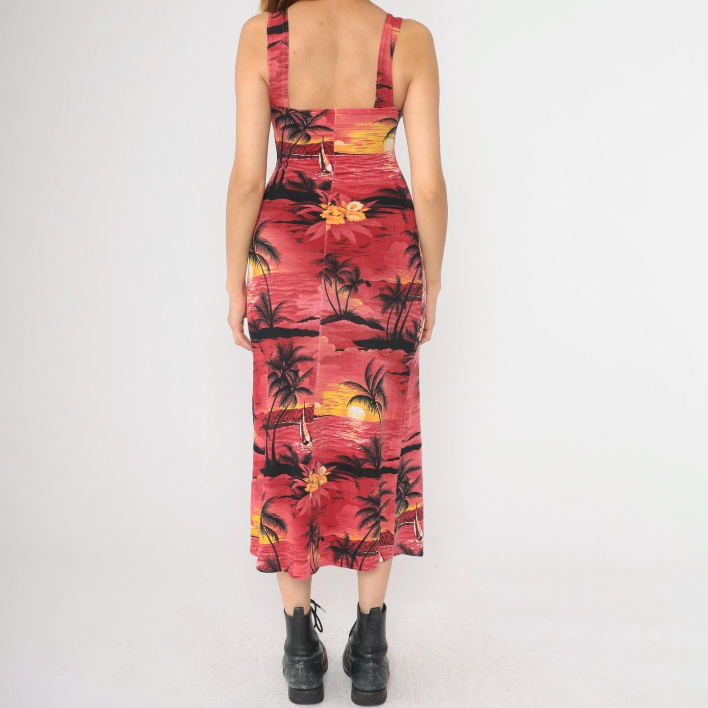 90s Hawaiian Tropical Midi Bodycon Dress Red Palm Tree Print Small S