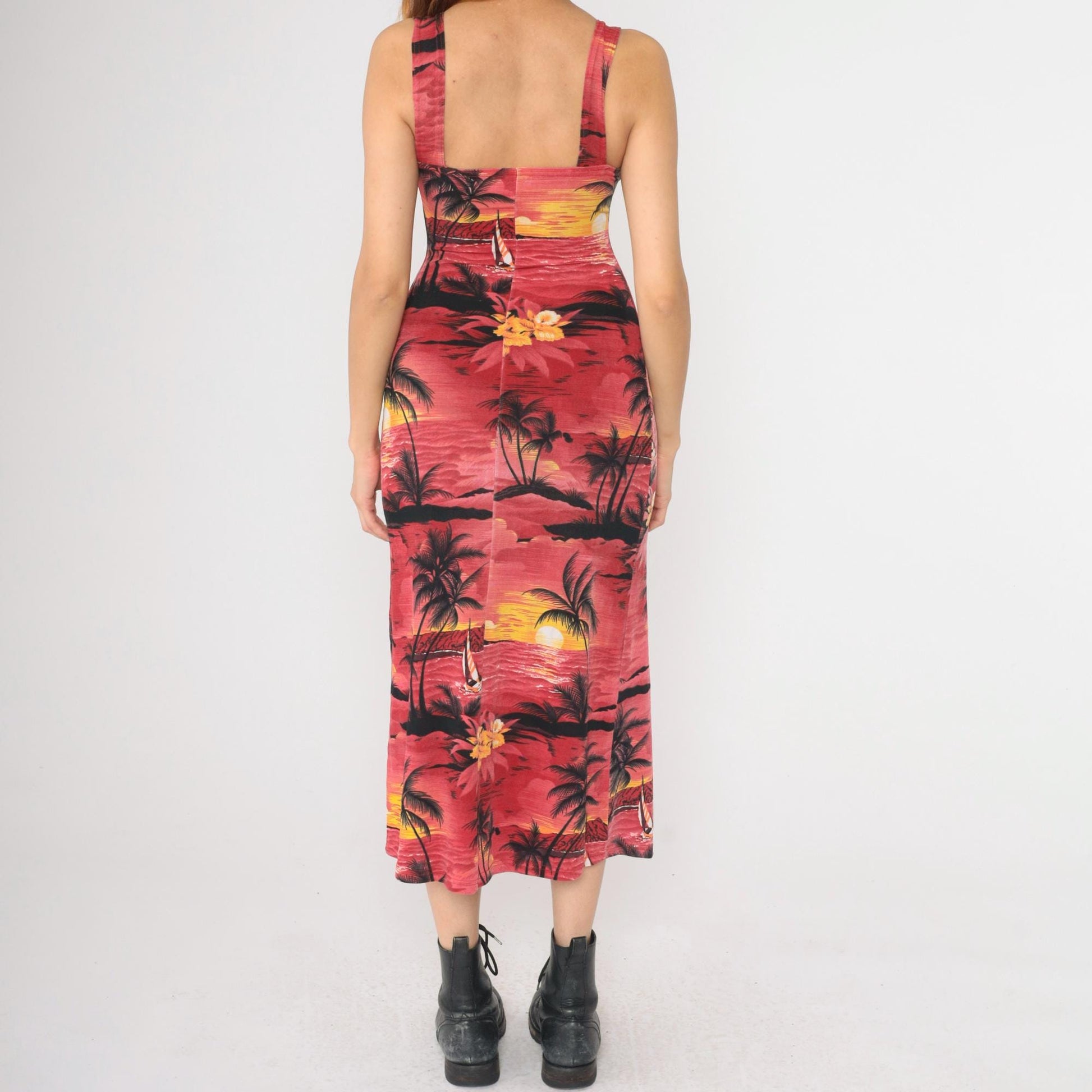 90s Hawaiian Tropical Midi Bodycon Dress Red Palm Tree Print Small S