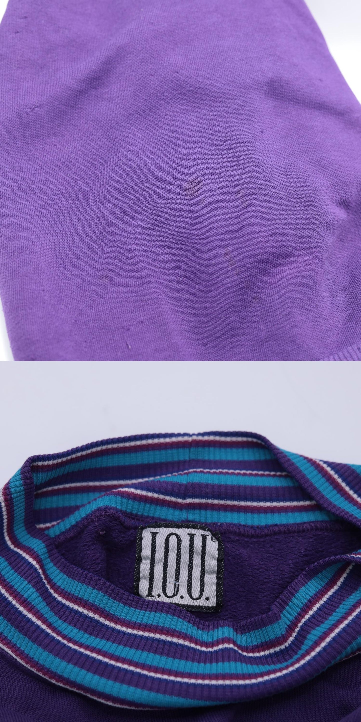 90s I.O.U. Spellout Sweatshirt Purple Striped Collar Graphic Pullover Large