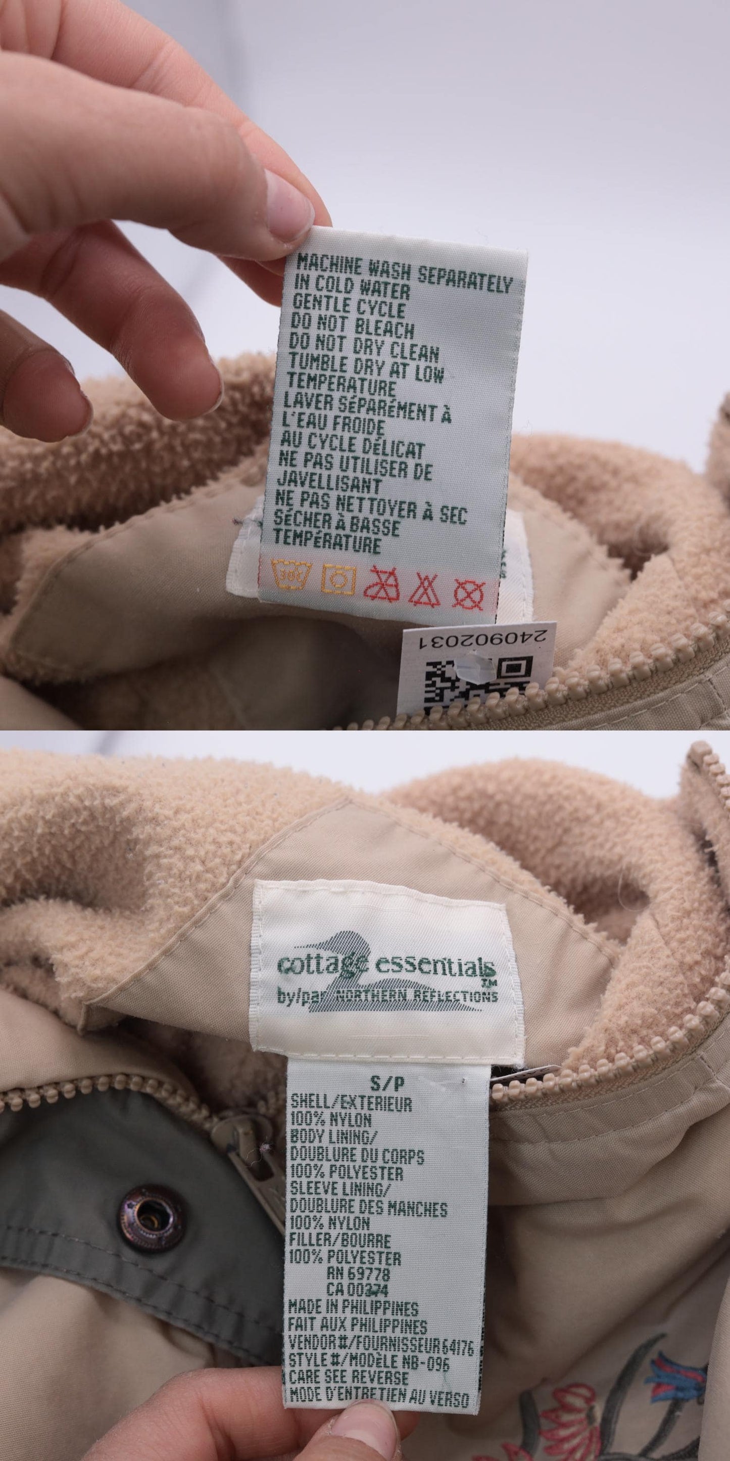 90s Northern Reflections Tan Hooded Windbreaker Floral Embroidered Fleece Lined Small