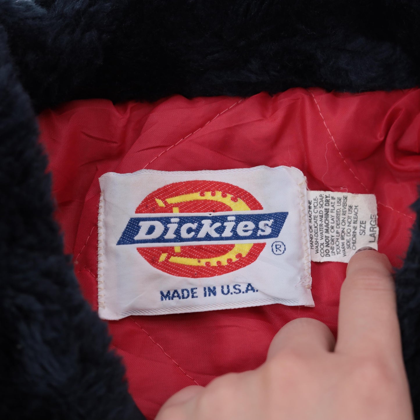90s Dickies Navy Bomber Jacket Faux Fur Collar Quilted Lining Large L