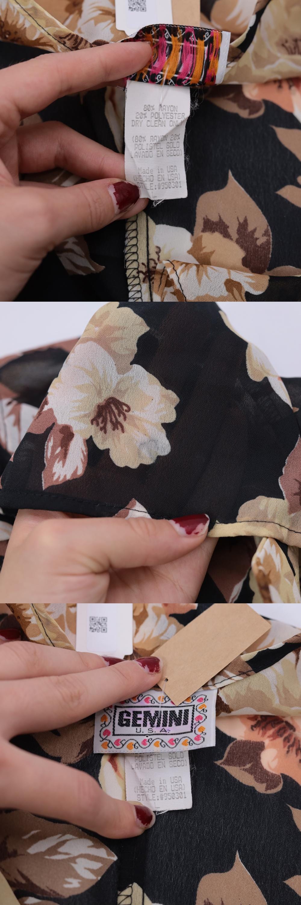 90s Gemini Black Floral Tie-Front Blouse Ruffled Collar Long Sleeve Large L
