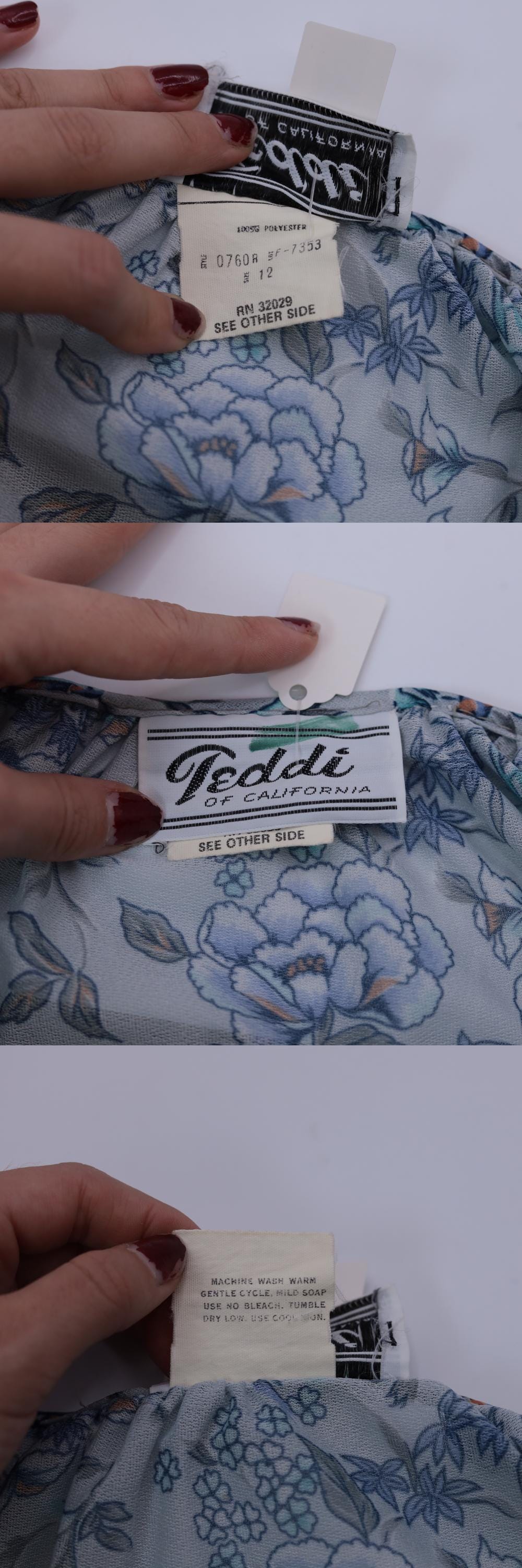70s Teddi of California Floral Blouse Blue Keyhole Tie Neck Flutter Sleeve Small