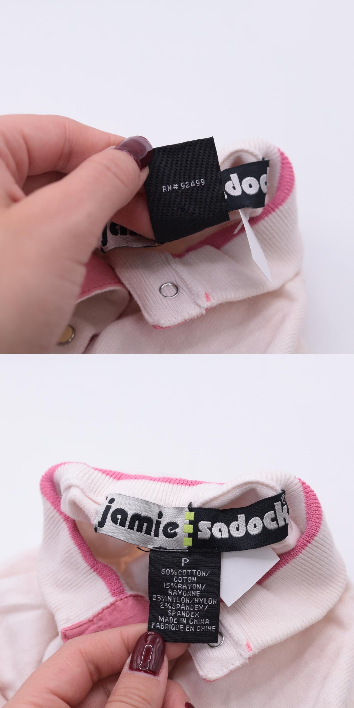 80s Jamie Sadock Striped Polo Shirt White Pink Snap Button Short Sleeve Extra Small