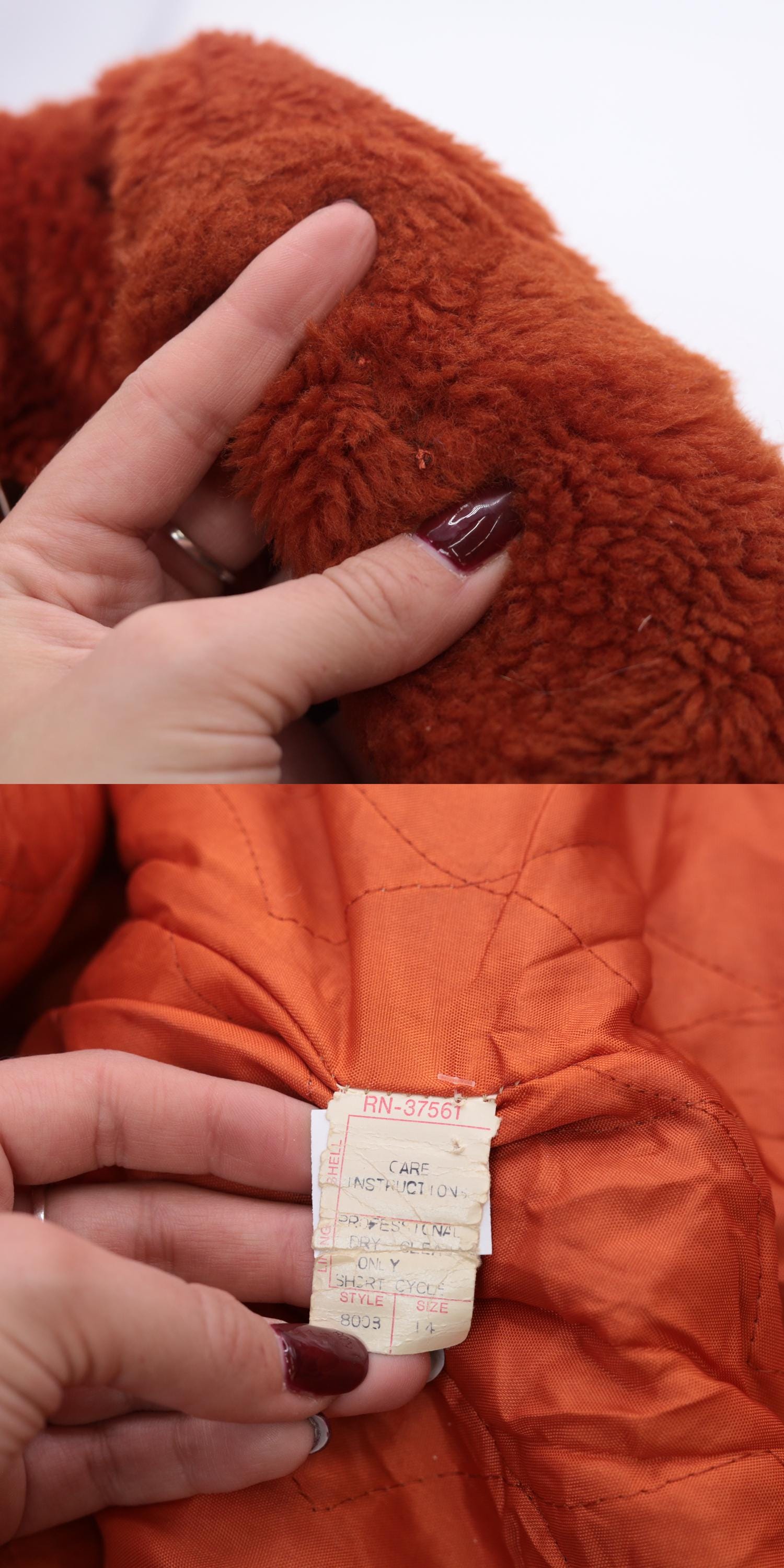 70s Burnt Orange Faux Fur Hooded Jacket Double Breasted Extra Small