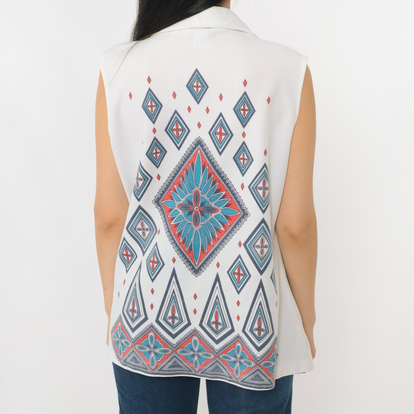 70s Geometric Diamond Print Sleeveless Blouse White Button-Up Collar Large L