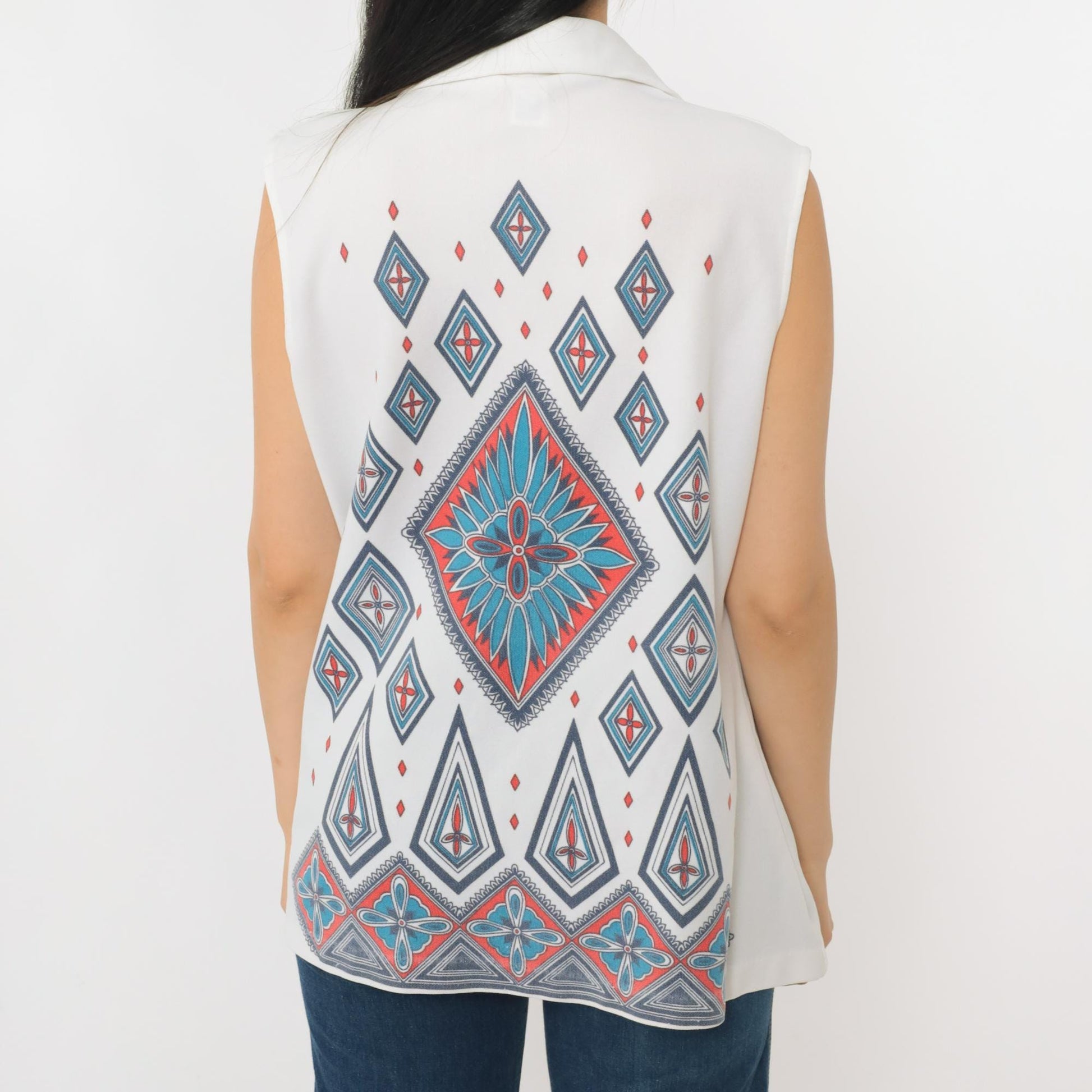 70s Geometric Diamond Print Sleeveless Blouse White Button-Up Collar Large L