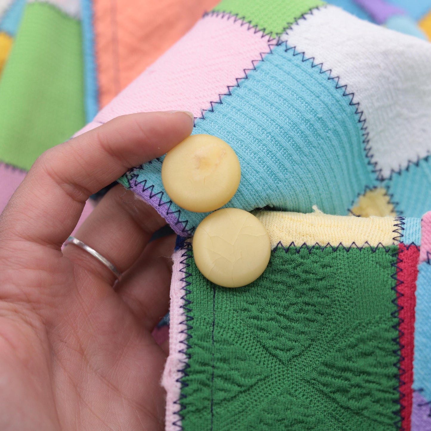 70s Patchwork Quilted Jacket Multicolor Square Block Notch Collar Extra Small