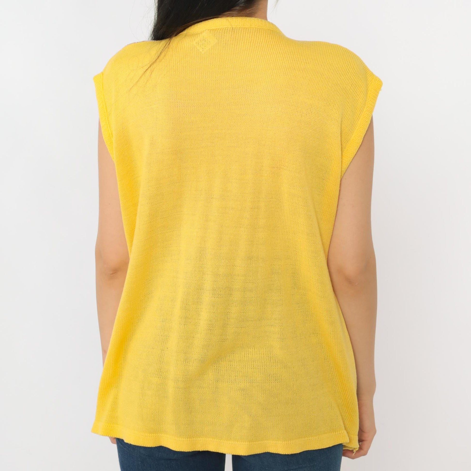 70s Patchwork Knit Vest Yellow Multicolor Open Front Sleeveless Large L