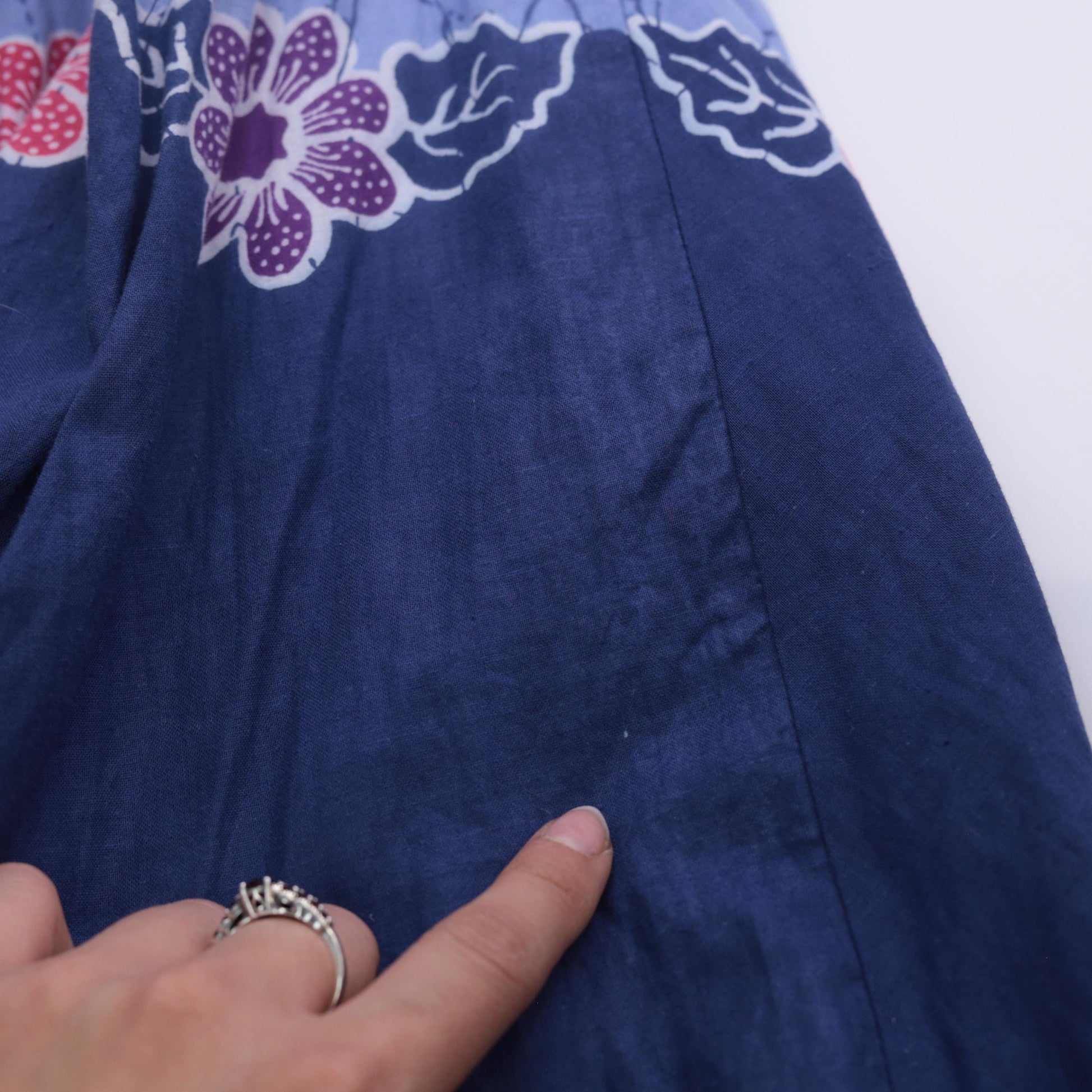 90s Batik Floral Blue Mini Dress Cap Sleeve Tie Neck Trapeze Small S