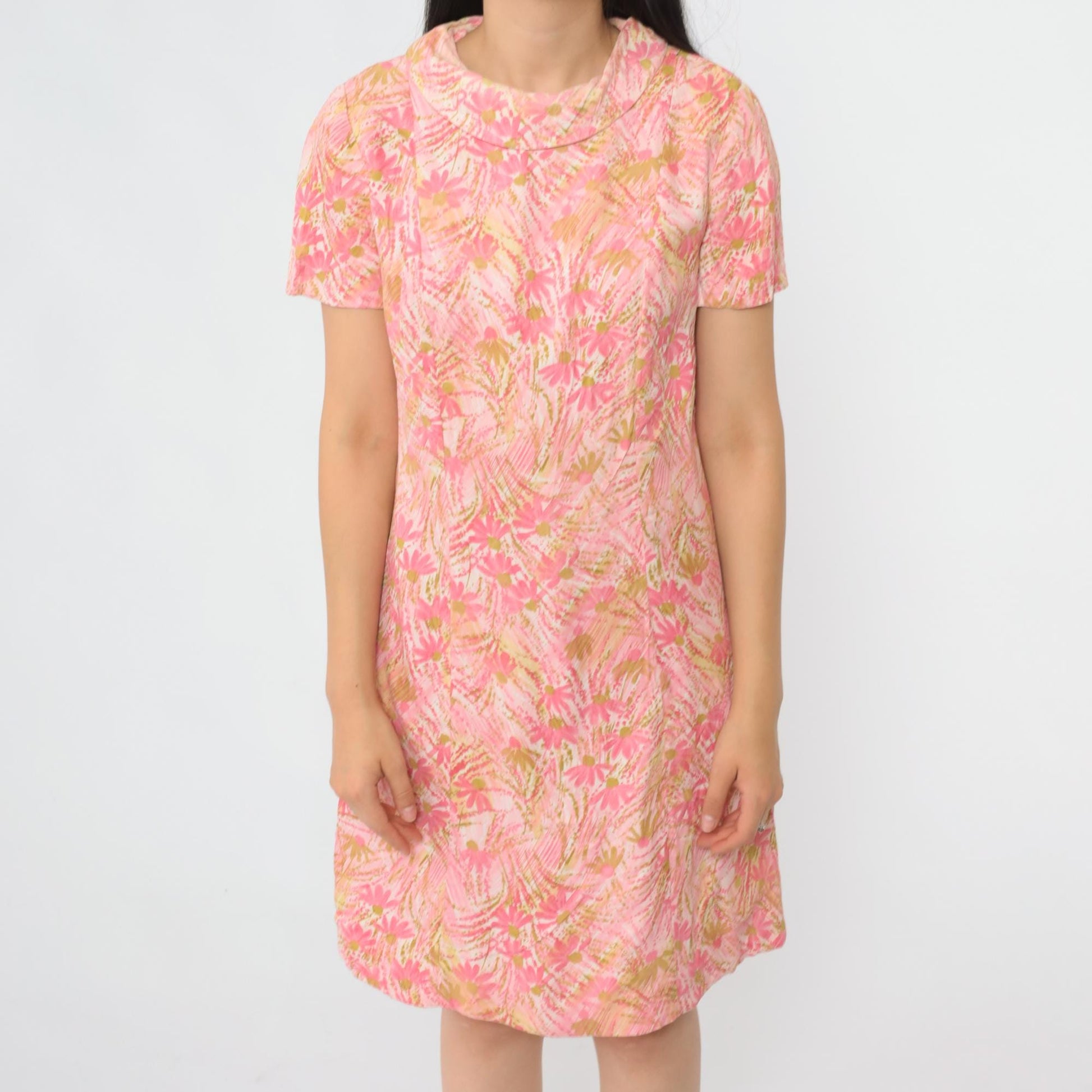 60s Pink Abstract Floral Shift Mini Dress Short Sleeve Small S