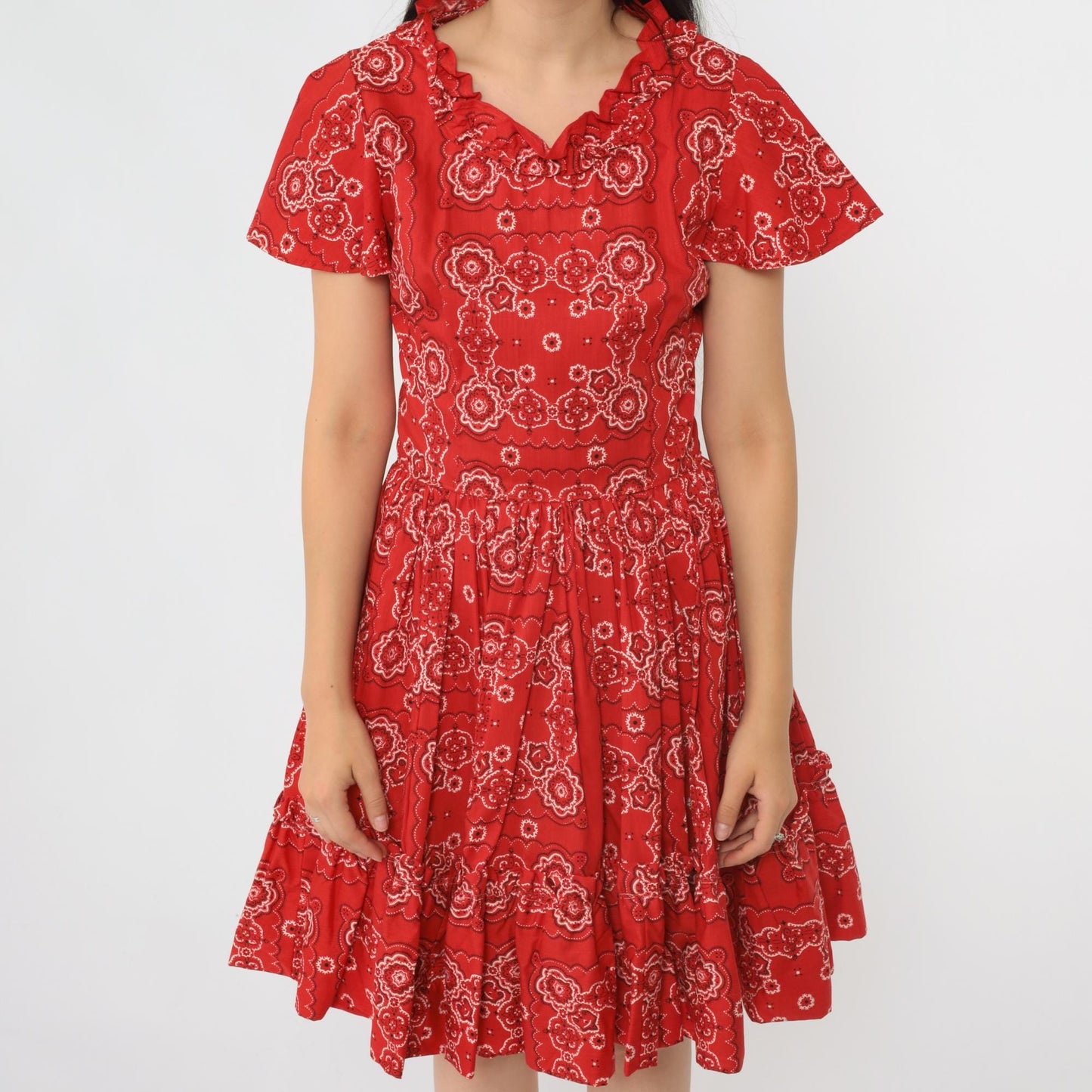 70s Red Handkerchief Print Square Dance Dress Flutter Sleeve Midi Small