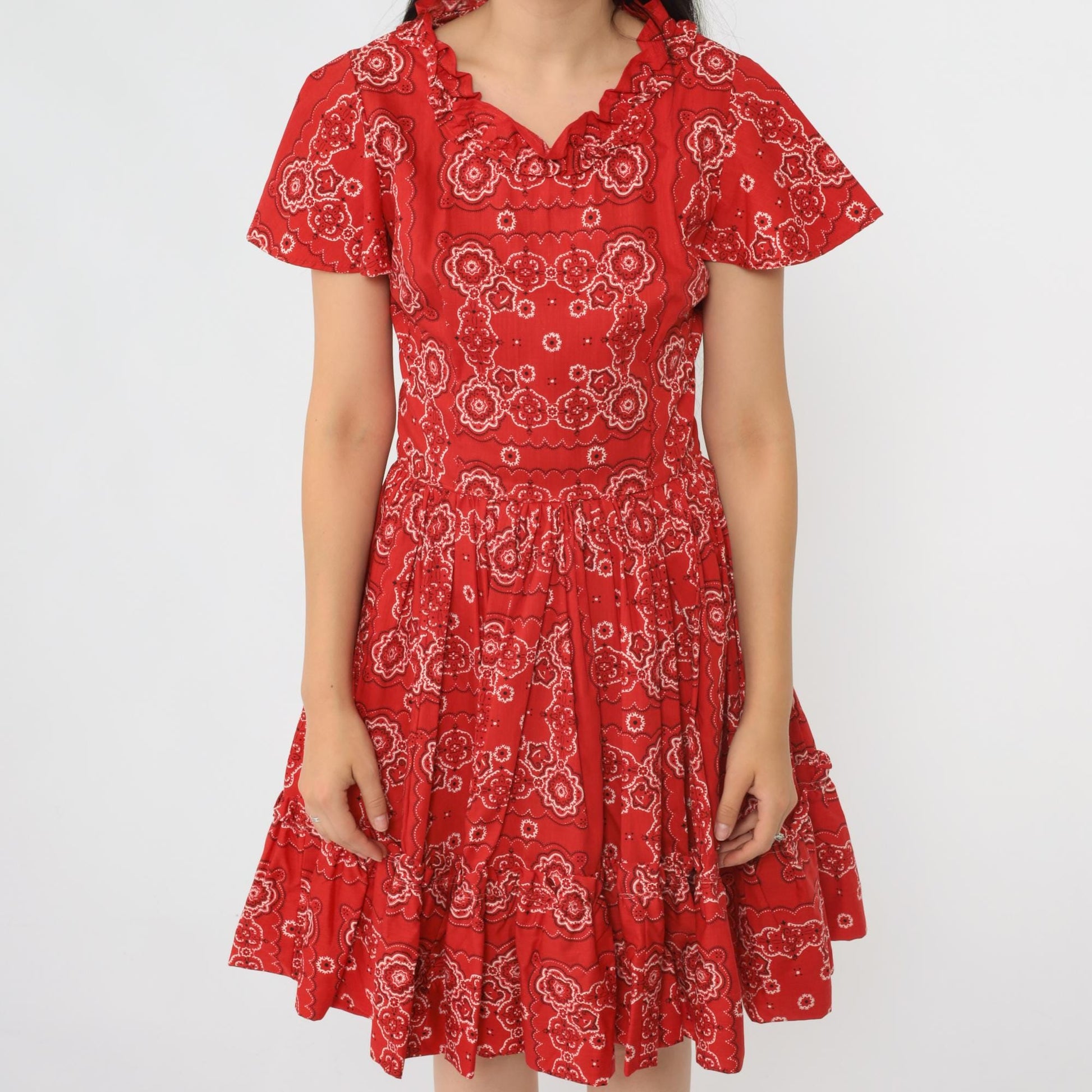 70s Red Handkerchief Print Square Dance Dress Flutter Sleeve Midi Small