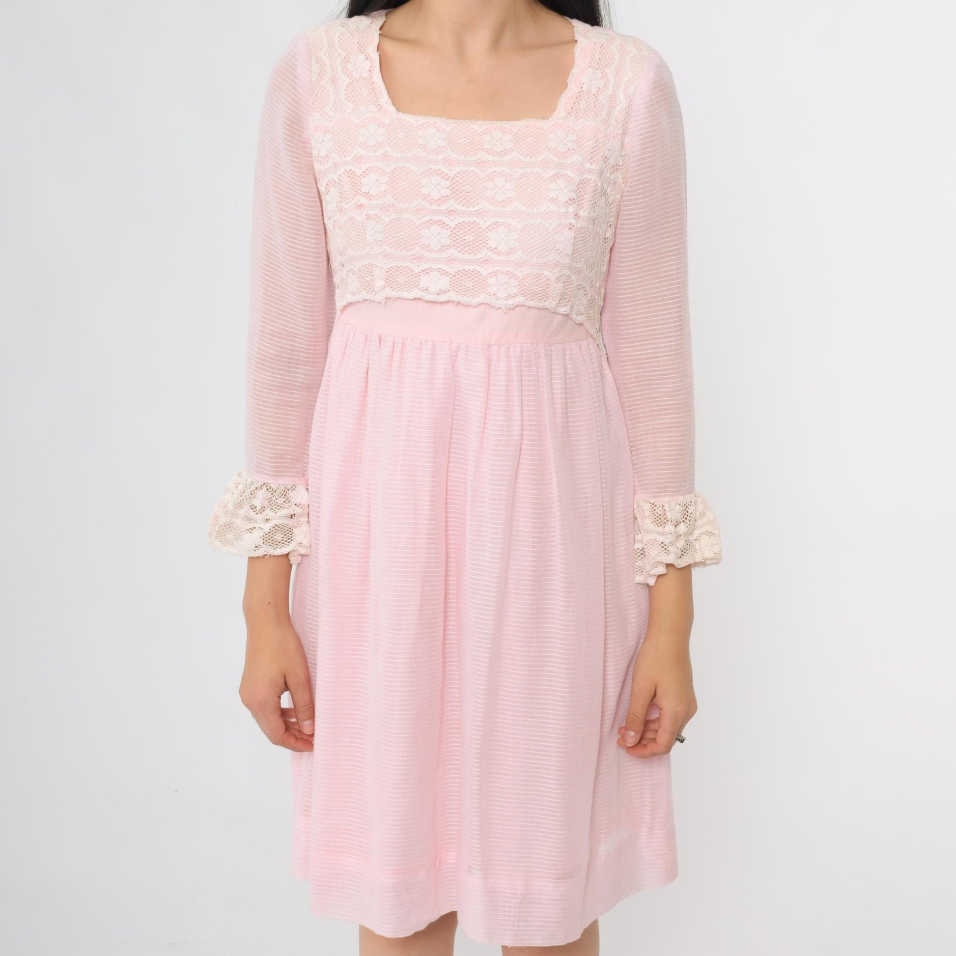 60s Pink Lace Babydoll Dress Empire Waist Mini 3/4 Sleeve Extra Small