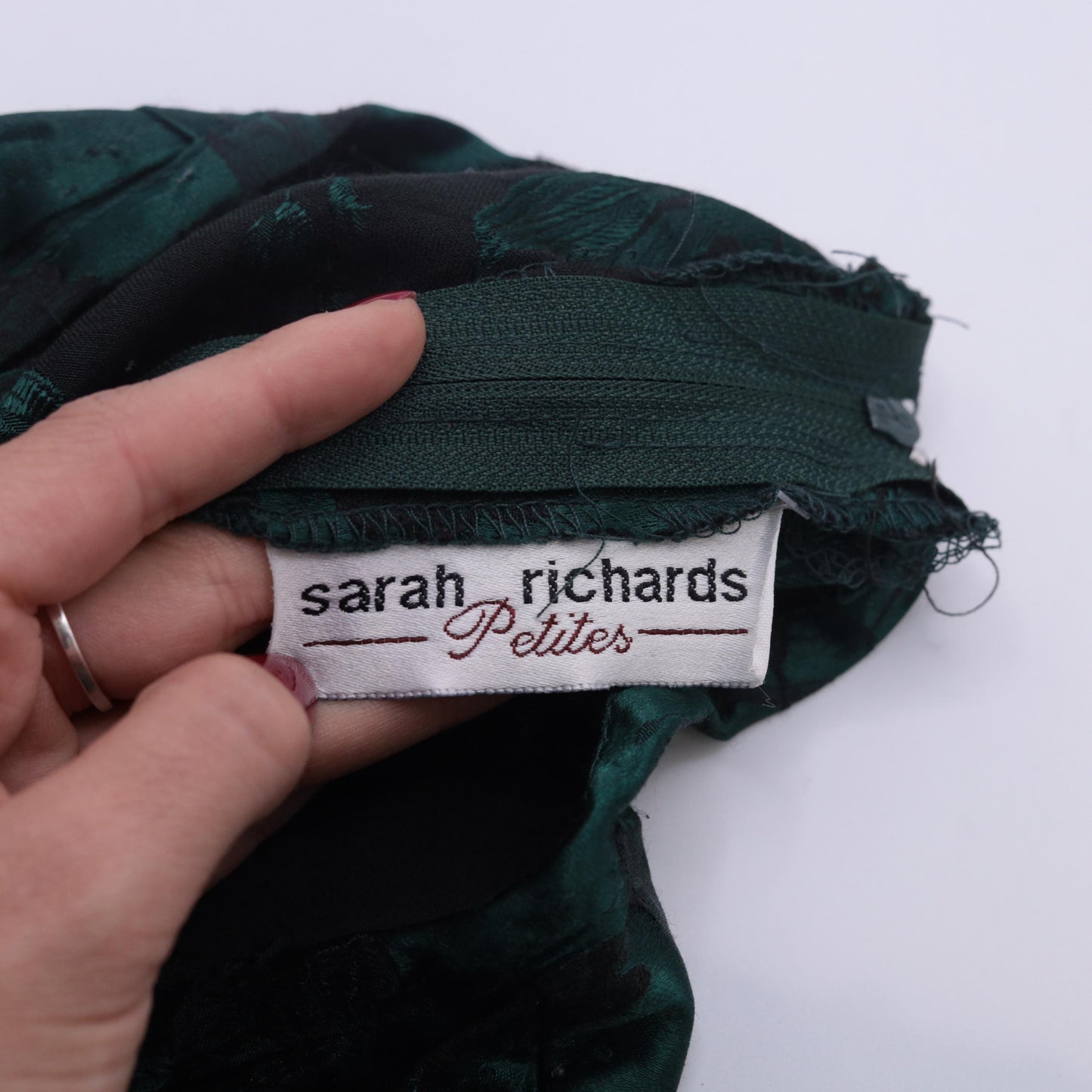 90s Sarah Richards Green Satin Floral Mini Dress Long Sleeve Scoop Neck Small