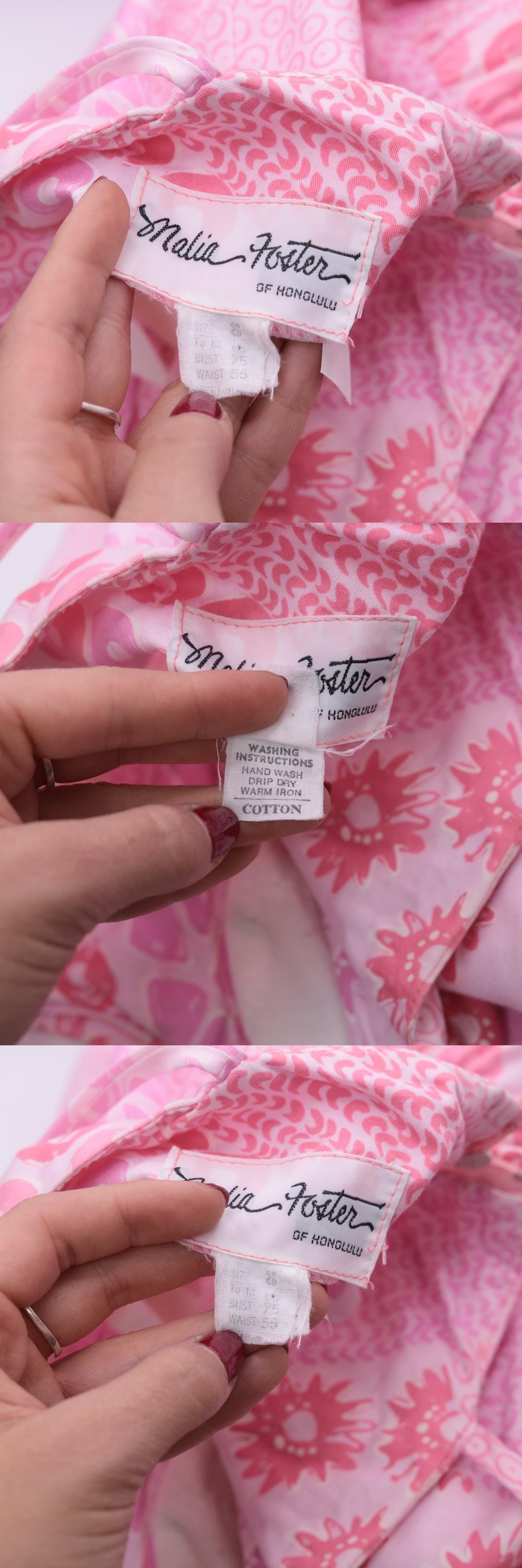 70s Malia Foster Hawaiian Midi Dress Pink Geometric High Waist Spaghetti Strap Extra Small