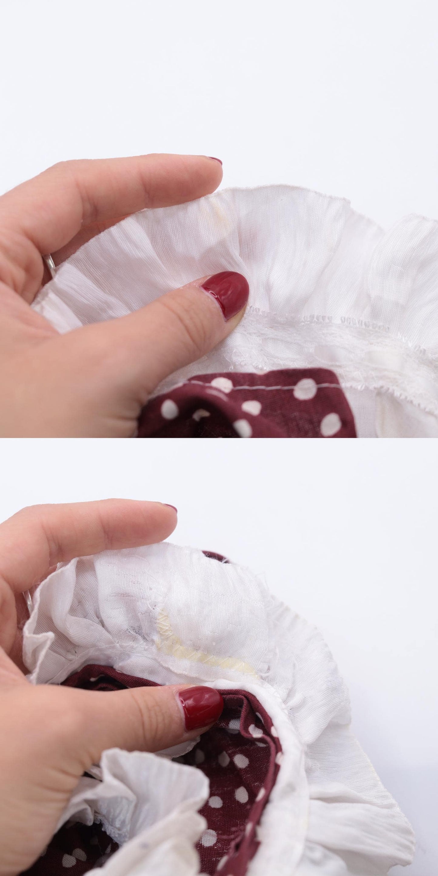 70s Burgundy Polka Dot Prairie Dress Puff Sleeve Ruffle Collar Mini Cotton Extra Small