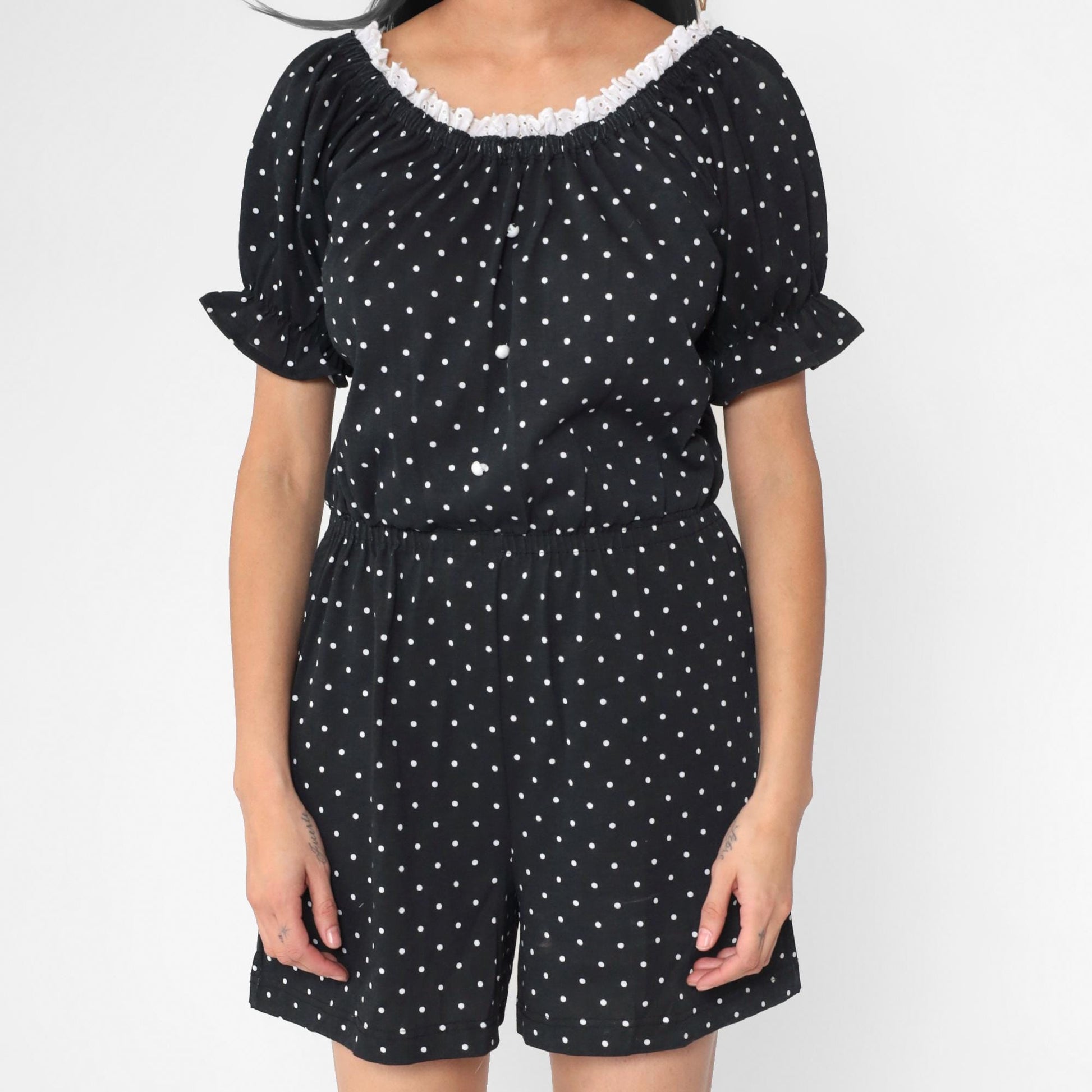 80s Black White Polka Dot Romper Eyelet Lace Puff Sleeve Playsuit Small