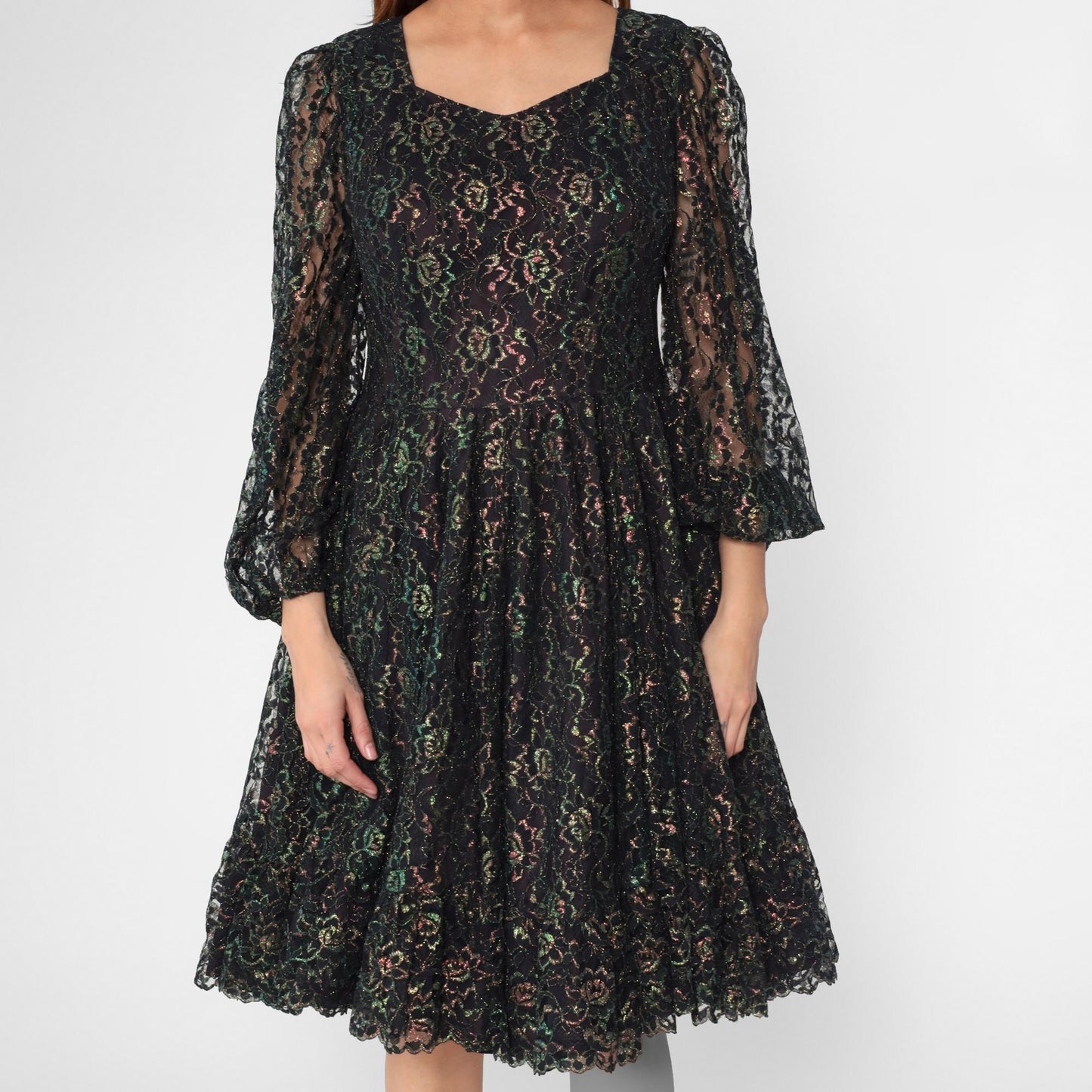 1960s Black Iridescent Lace Dress Sheer Sleeves High Waist Knee Length Medium M