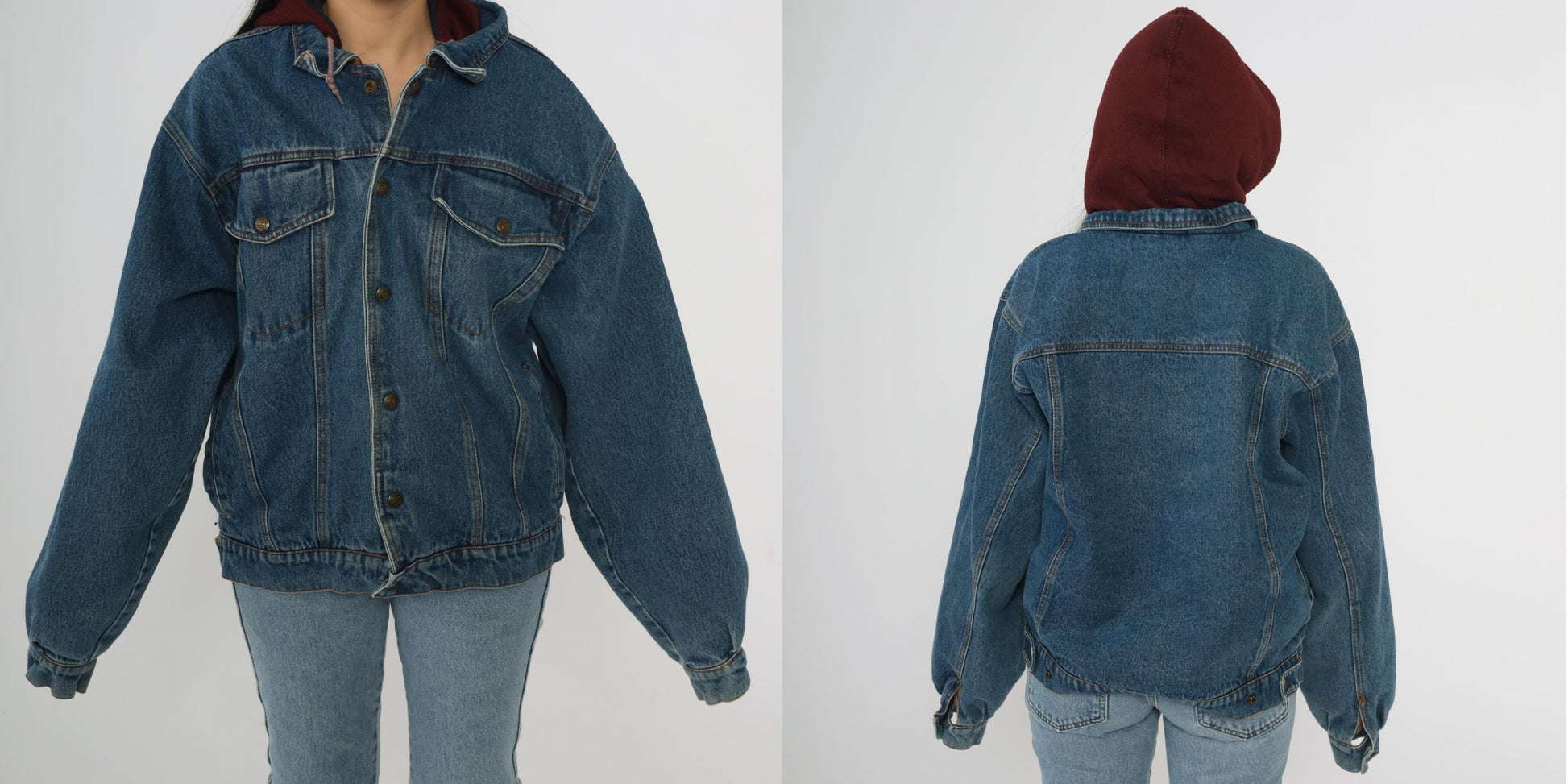 90s Eagles Ridge Outfitters Hooded Denim Jacket Blue Burgundy Medium