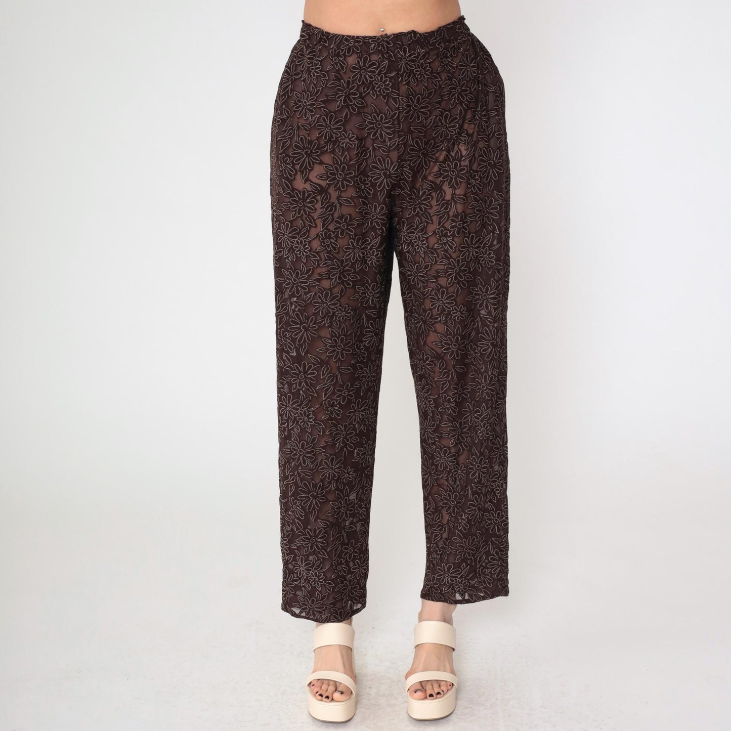 90s Brown Sheer Floral Burnout High-Waist Straight Tapered Trousers Small