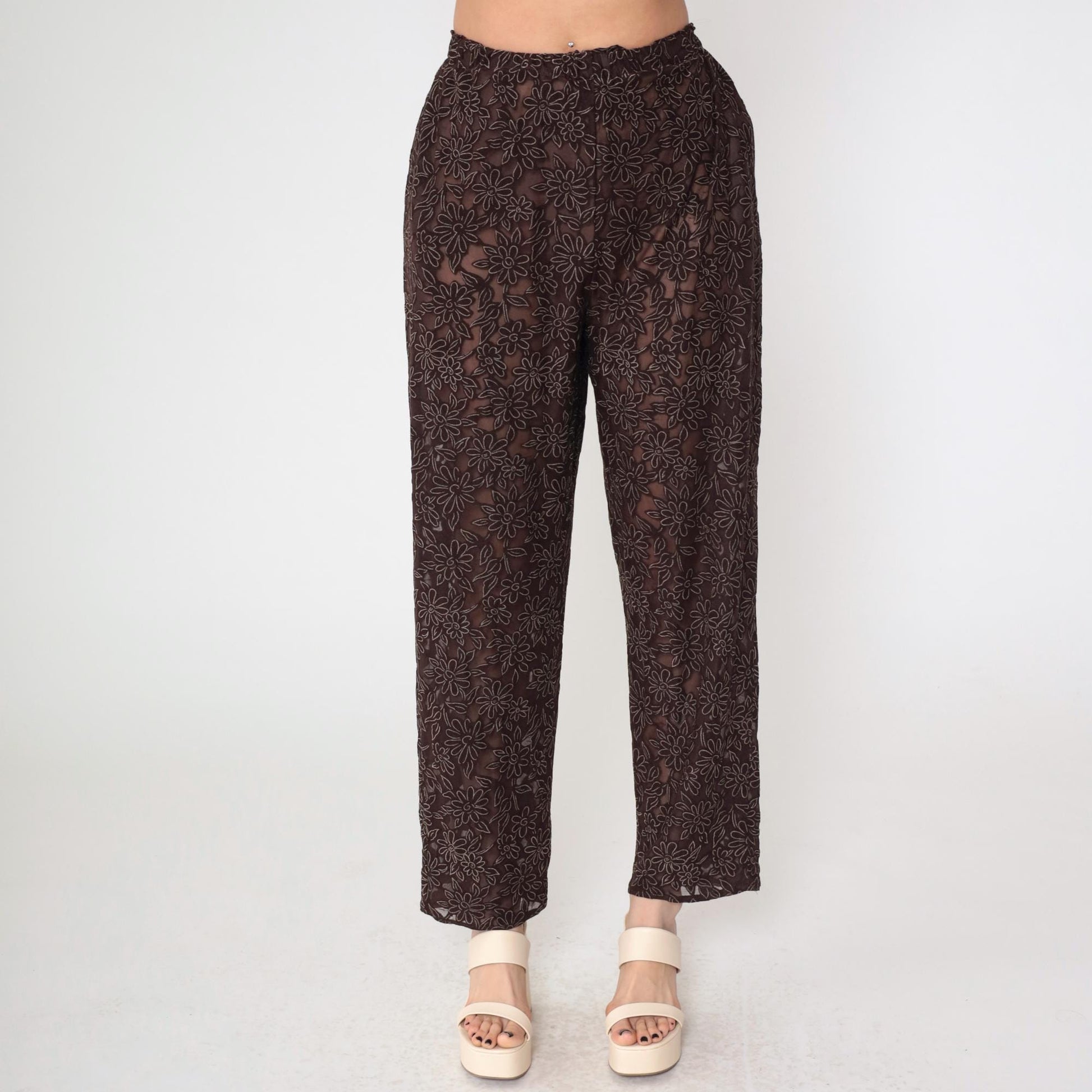90s Brown Sheer Floral Burnout High-Waist Straight Tapered Trousers Small
