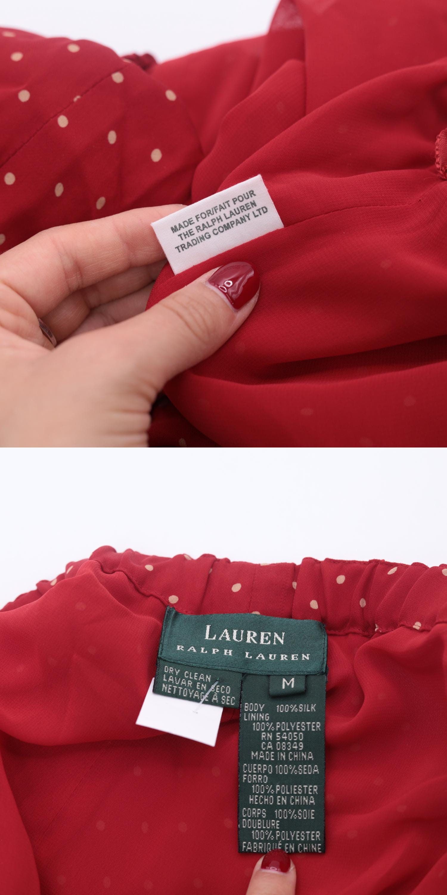 Y2K Ralph Lauren Red Silk Polka Dot Pull-On Trousers Wide Leg Medium M