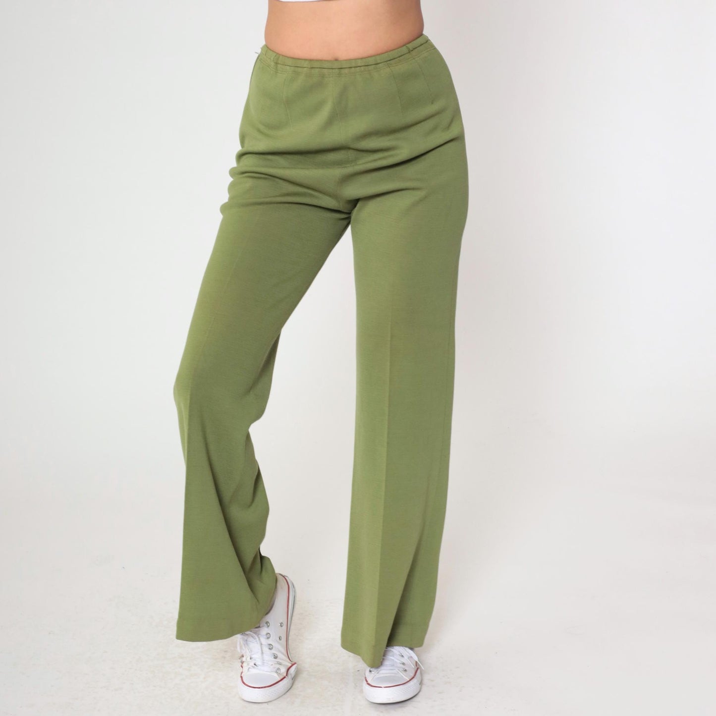 60s Zephyr Wool Flared Trousers Green High Rise Side Zip Small