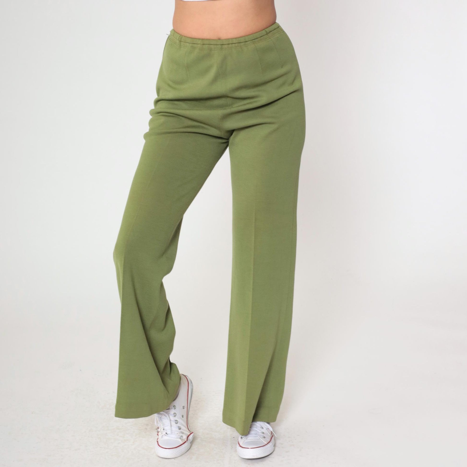 60s Zephyr Wool Flared Trousers Green High Rise Side Zip Small