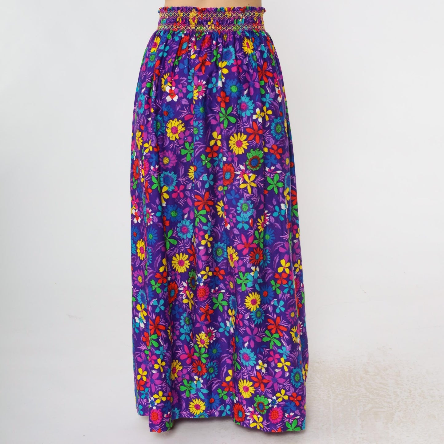 70s Rainbow Floral Maxi Skirt Purple High Slit Smocked Waist Small