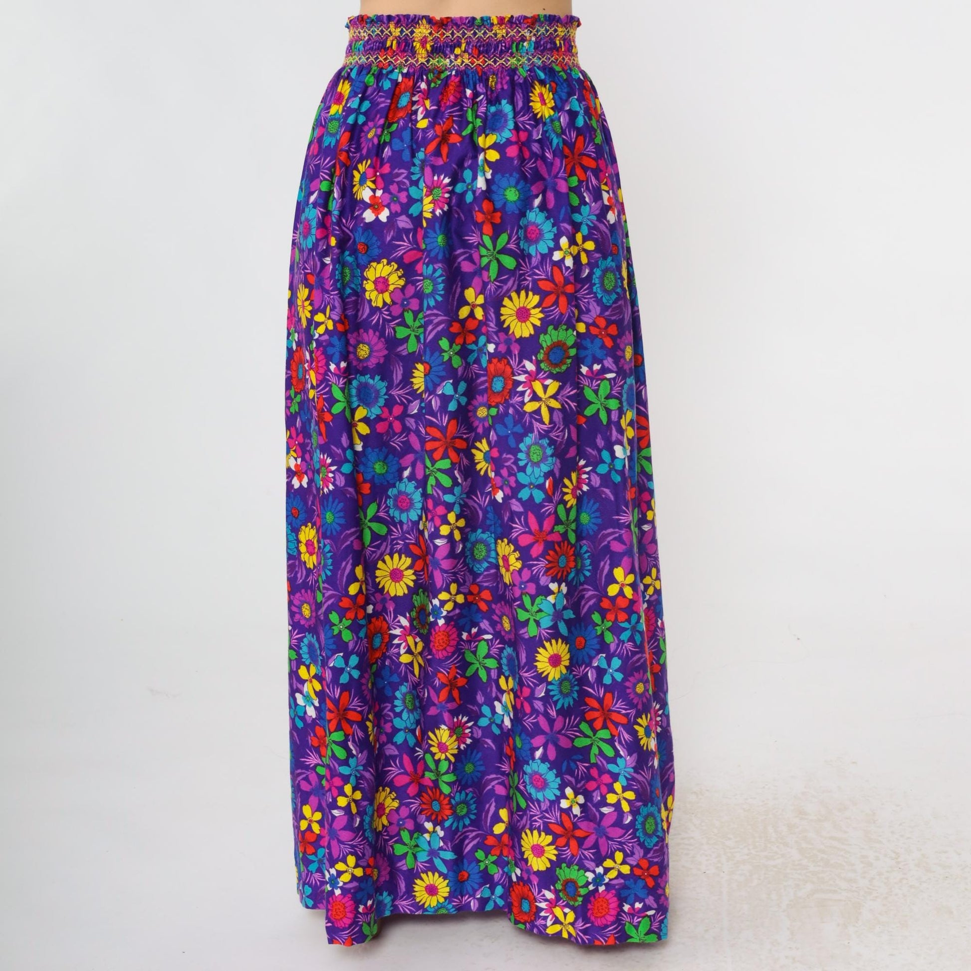 70s Rainbow Floral Maxi Skirt Purple High Slit Smocked Waist Small