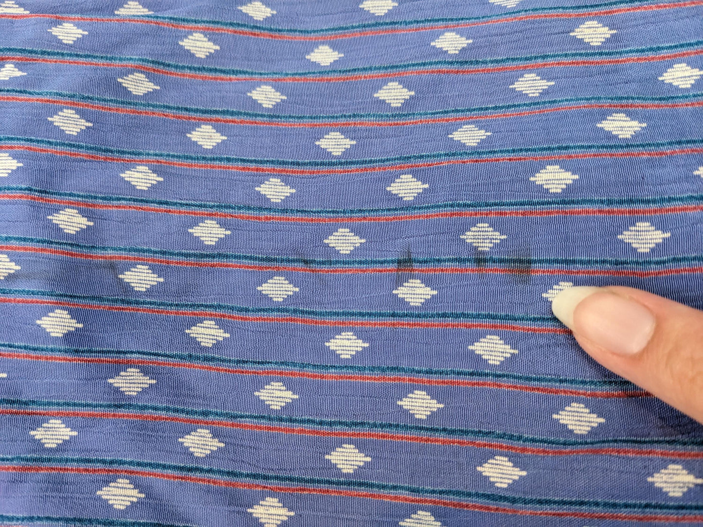 80s Blue Diamond Stripe Midi Dress Peplum Puff Sleeve High Neck Medium M