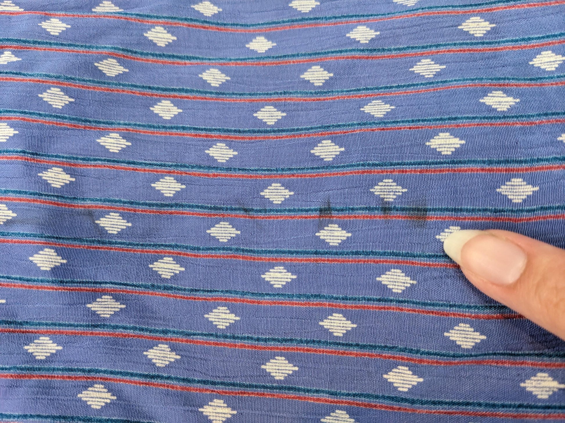80s Blue Diamond Stripe Midi Dress Peplum Puff Sleeve High Neck Medium M