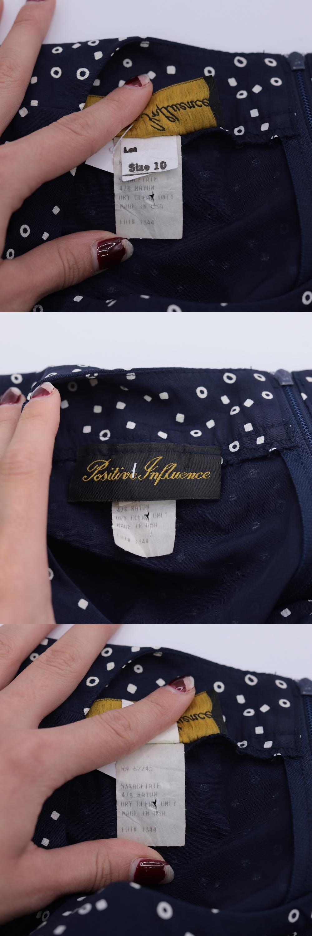 80s Navy Polka Dot Midi Dress Pleated Bodice High Waist Belted Small S