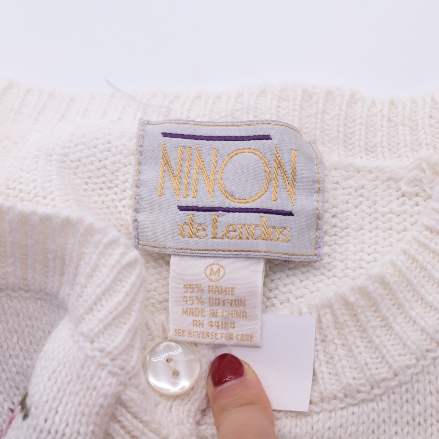 90s Ninon De Lendon Floral Cardigan White Cotton Ramie Knit Medium M