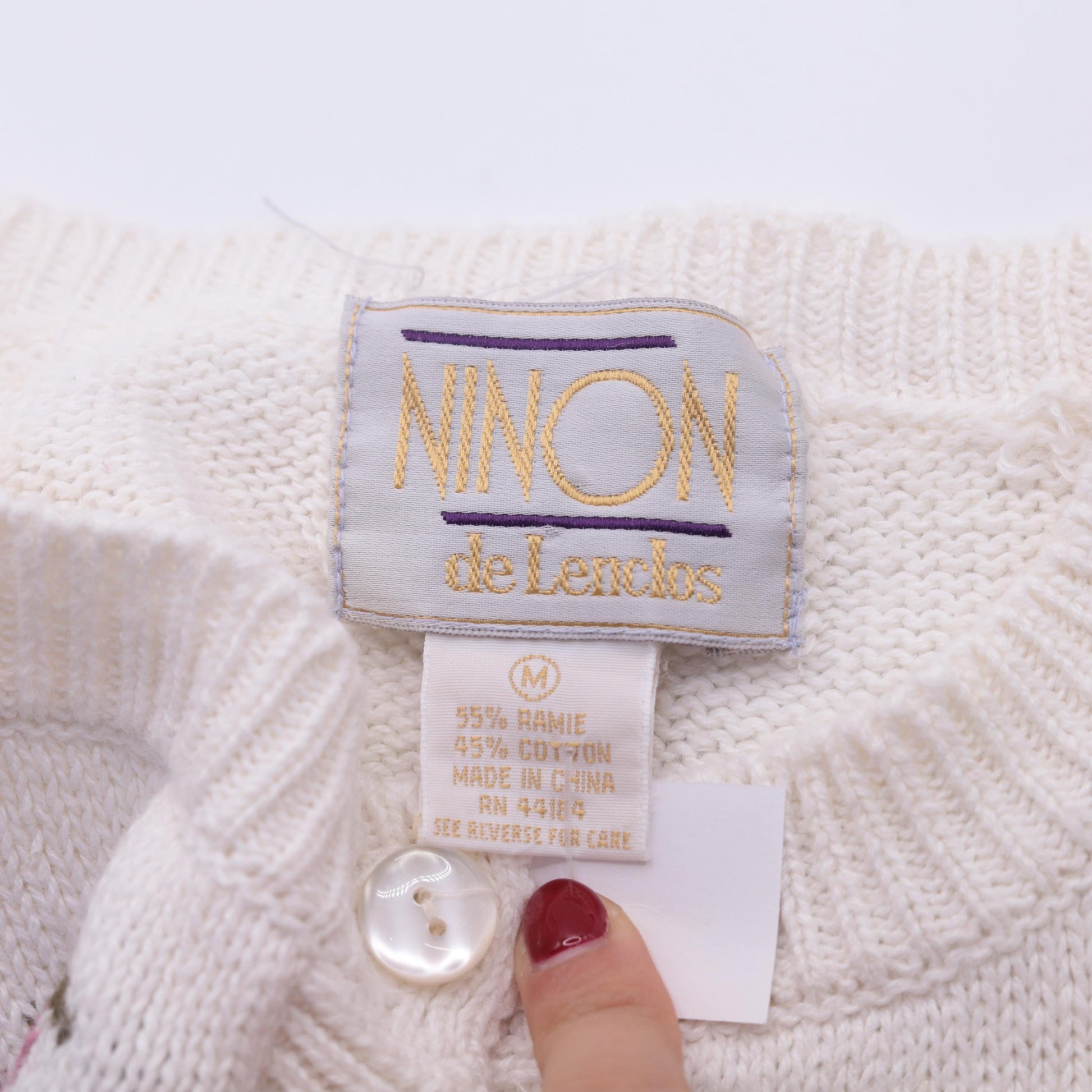 90s Ninon De Lendon Floral Cardigan White Cotton Ramie Knit Medium M