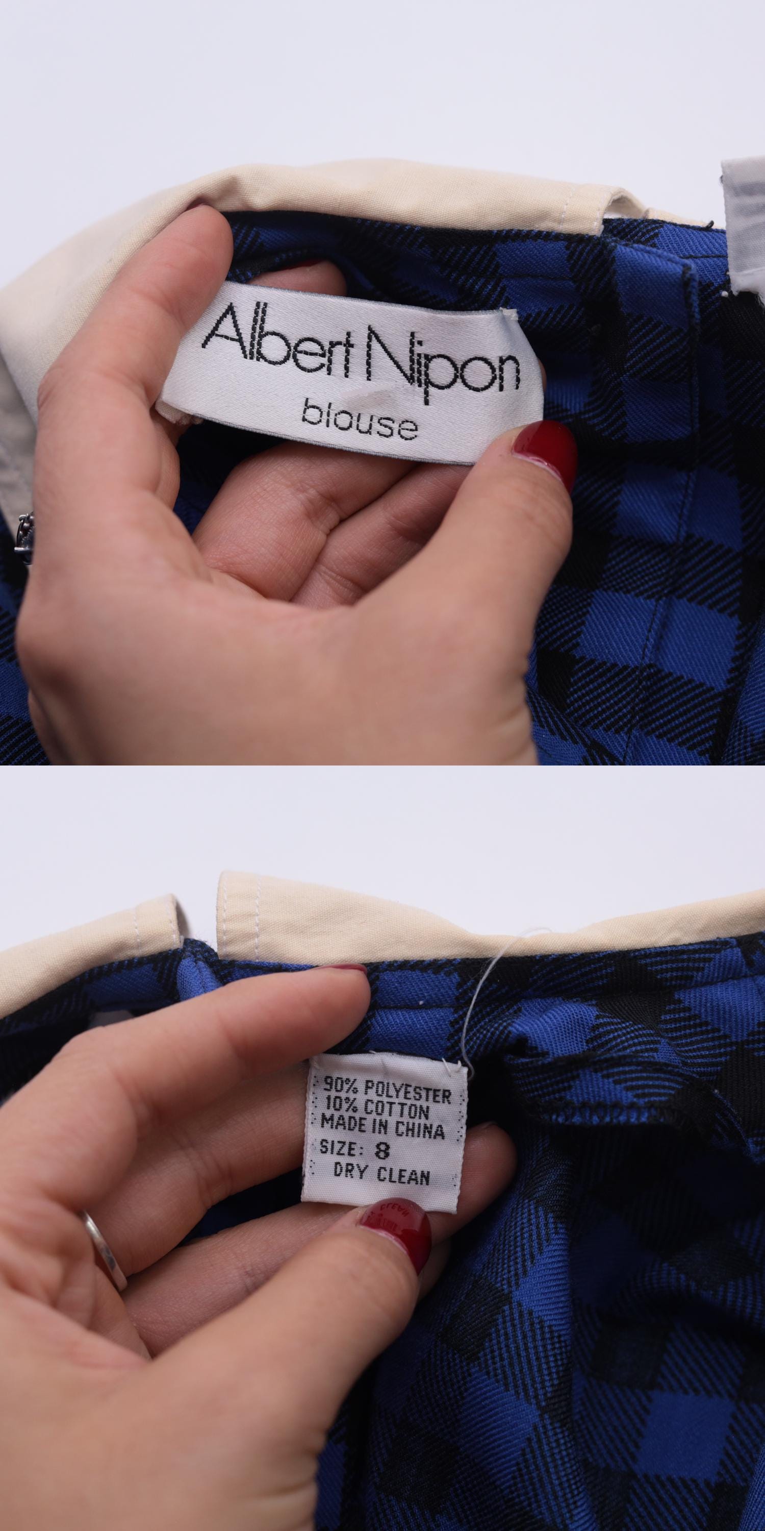 80s Albert Nipon Checkered Blouse Blue Black Gingham Cream Collar Medium