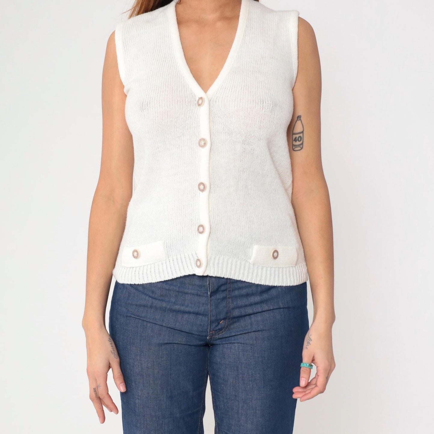 80s White Knit Sweater Vest V-Neck Button-Up Sleeveless Small S