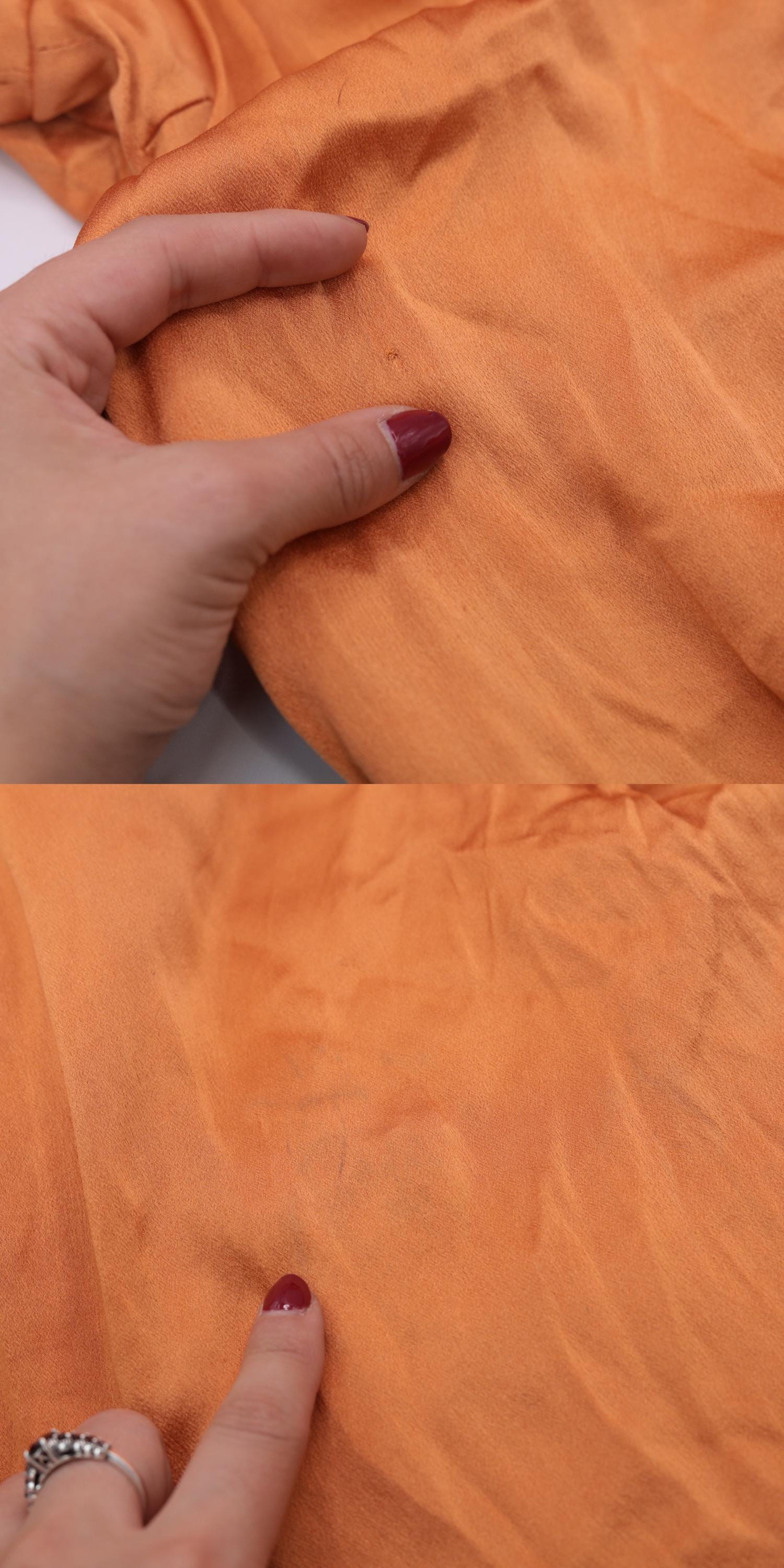 70s Orange Satin Midi Dress Floral Brocade Trim Tie Waist Puff Sleeve Small