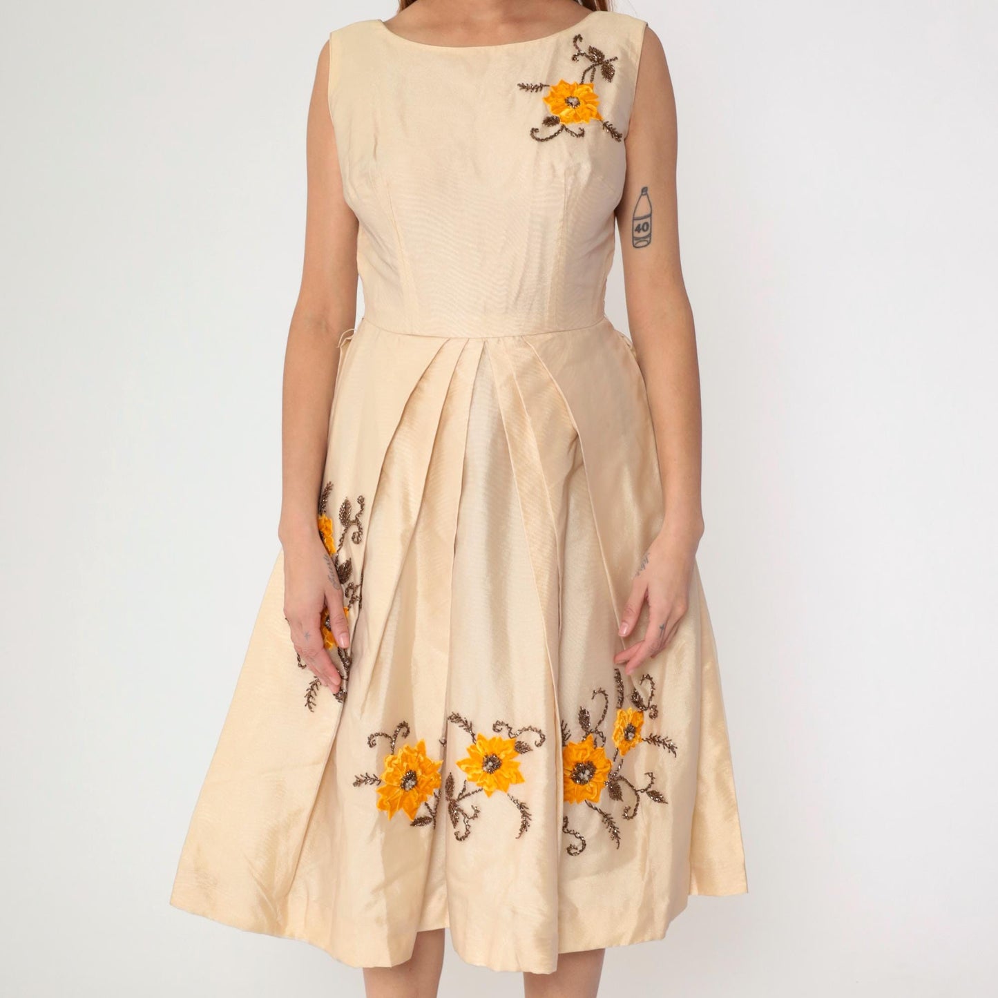 60s Cream Floral Beaded Midi Dress Velvet Appliqué High Waist Pleated Small