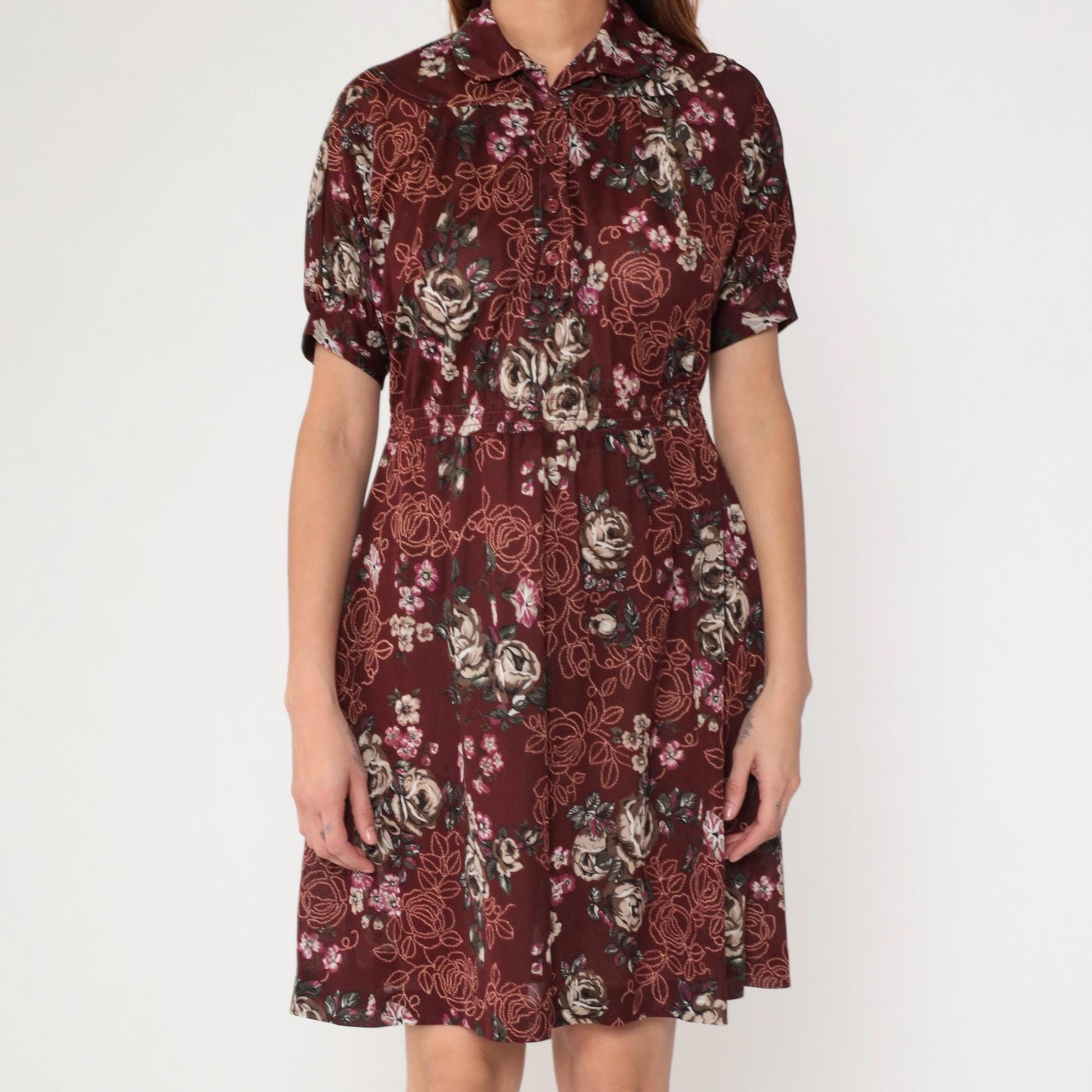 70s Maroon Floral Mini Dress High Waist Puff Sleeve Button Up Small Medium