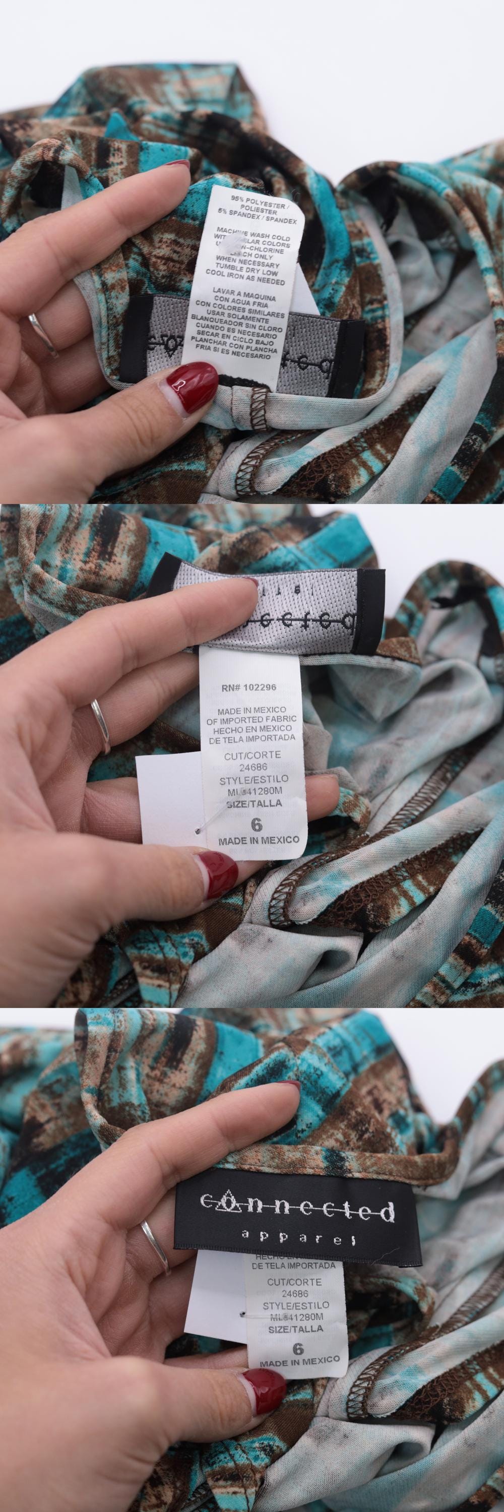 Y2K Abstract Striped Midi Wrap Dress Turquoise Brown Short Sleeve Small 6