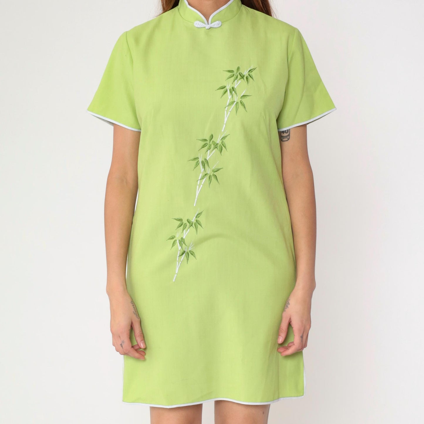 90s Lime Green Bamboo Embroidered Cheongsam Mini Dress Mandarin Collar Medium M