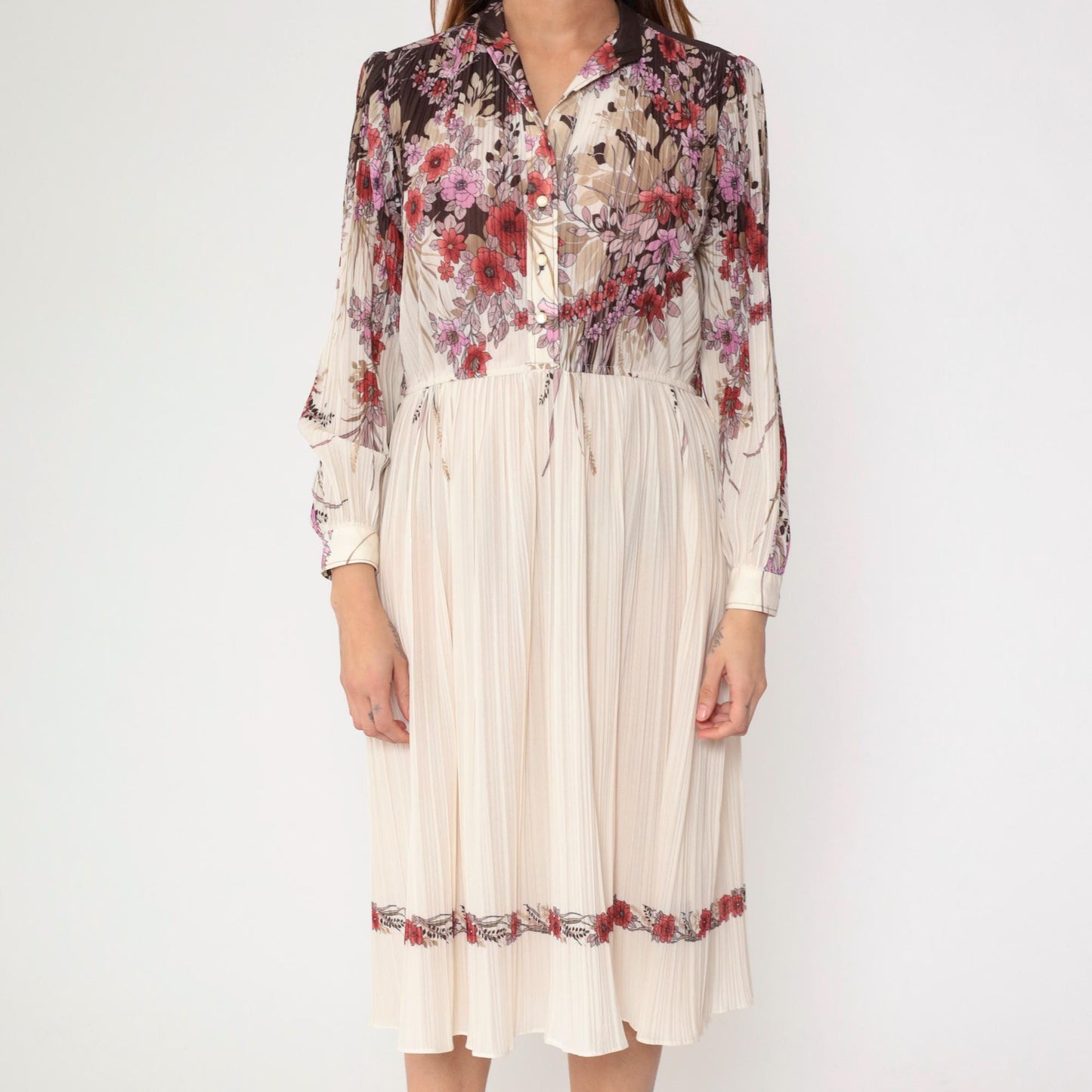 70s Off-White Floral Midi Shirtdress Knife Pleated High Waist Long Sleeve Small Medium
