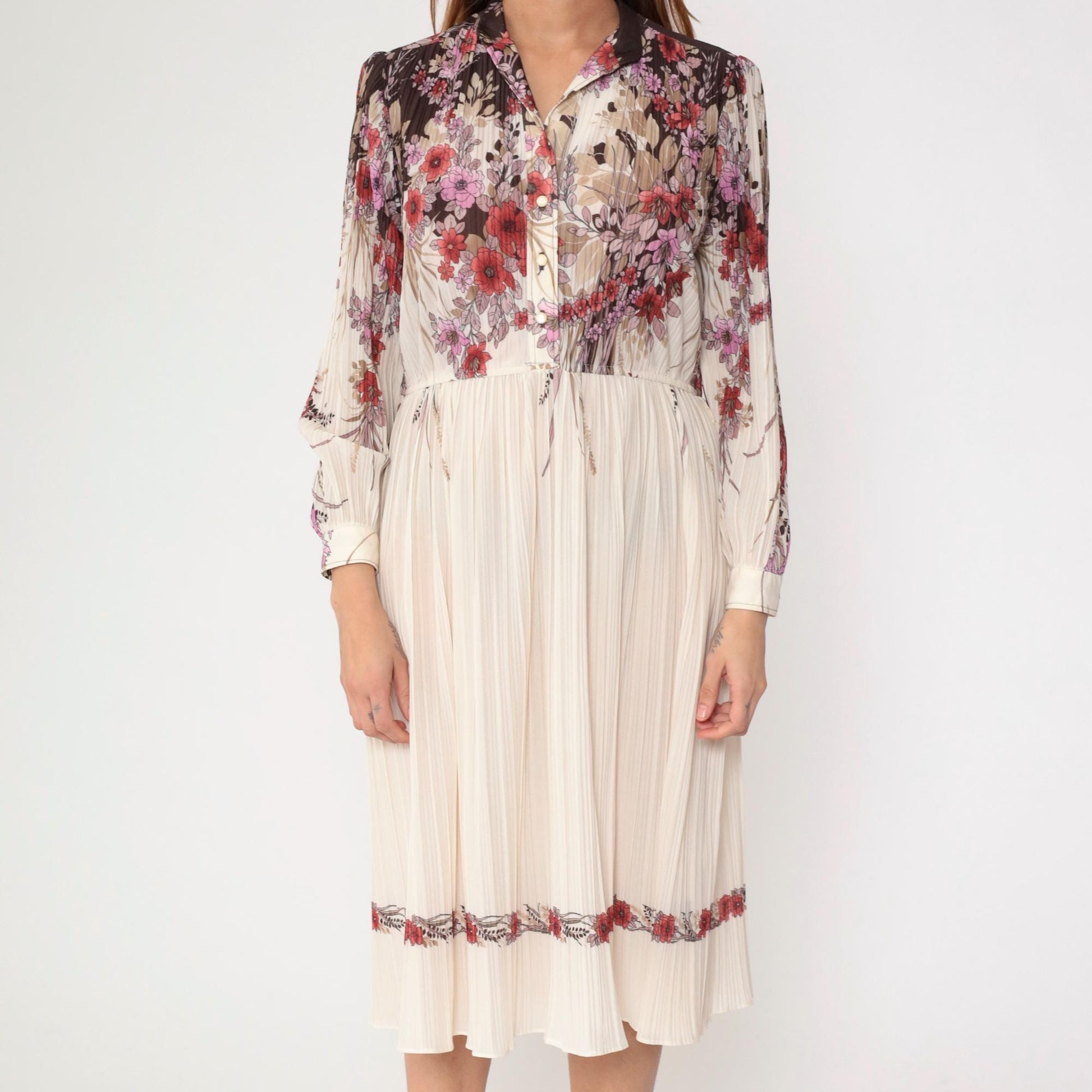 70s Off-White Floral Midi Shirtdress Knife Pleated High Waist Long Sleeve Small Medium