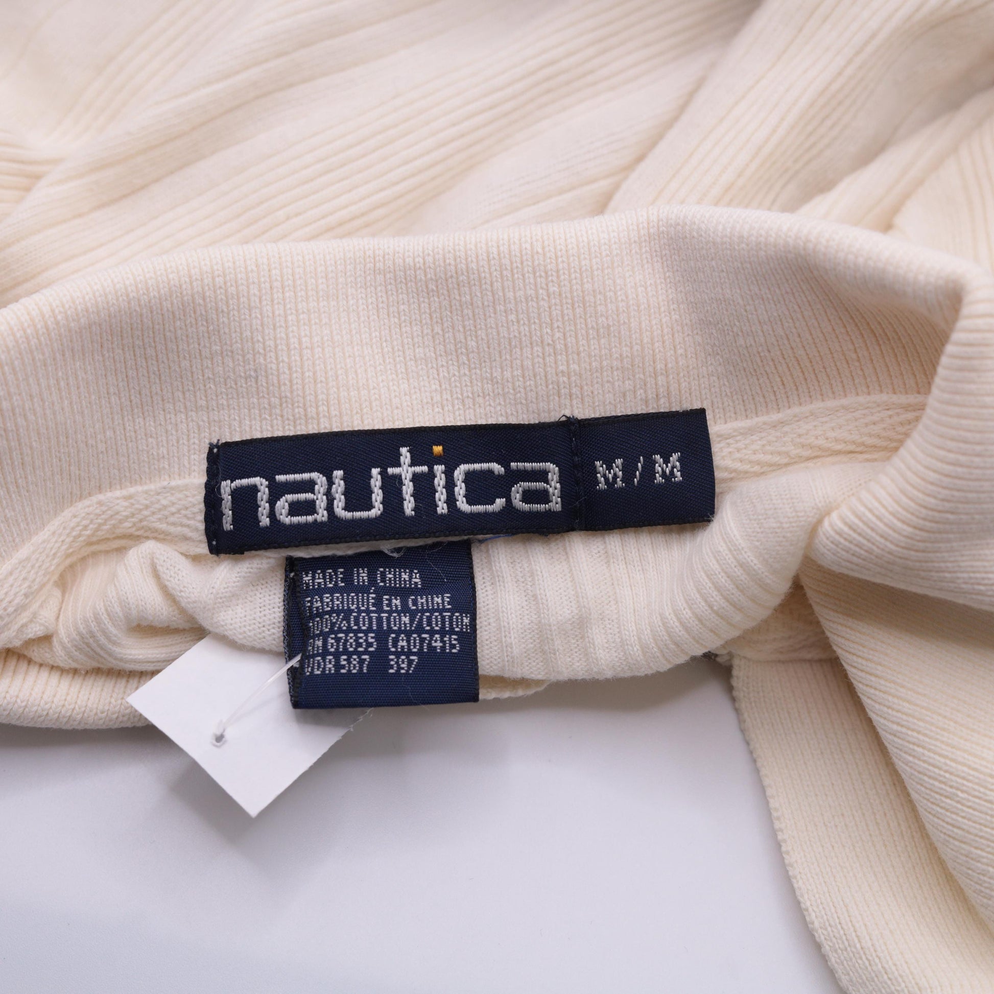 90s Nautica Quarter Zip Sailboat Shirt Off-White Ribbed Cotton Medium M