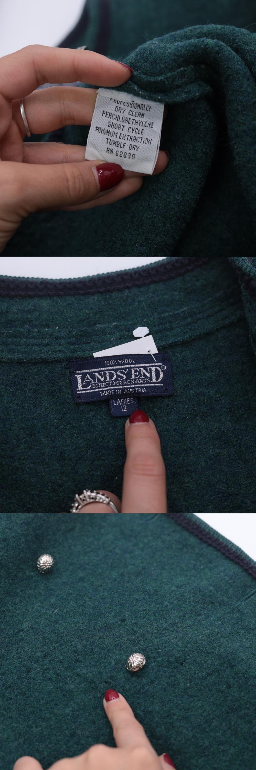 80s Lands' End Austrian Wool Jacket Double Breasted Green Tyrolean Blazer Large 12